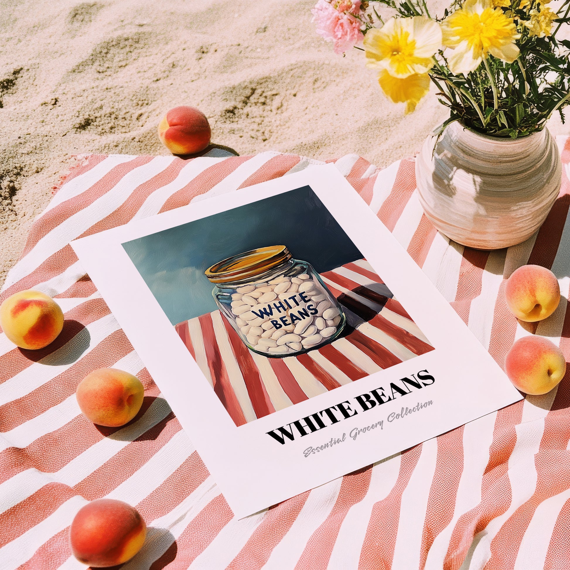 White Beans – on Striped Tablecloth, Grocery Painting, unframed on coastal sand