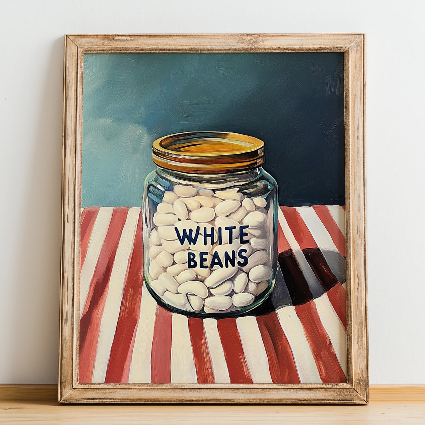 White Beans – on Striped Tablecloth, Grocery Painting, no-text version framed in wood