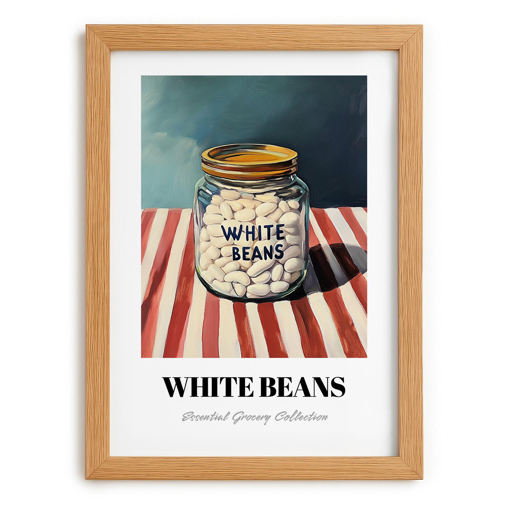 White Beans – on Striped Tablecloth, Grocery Painting, set in oak frame