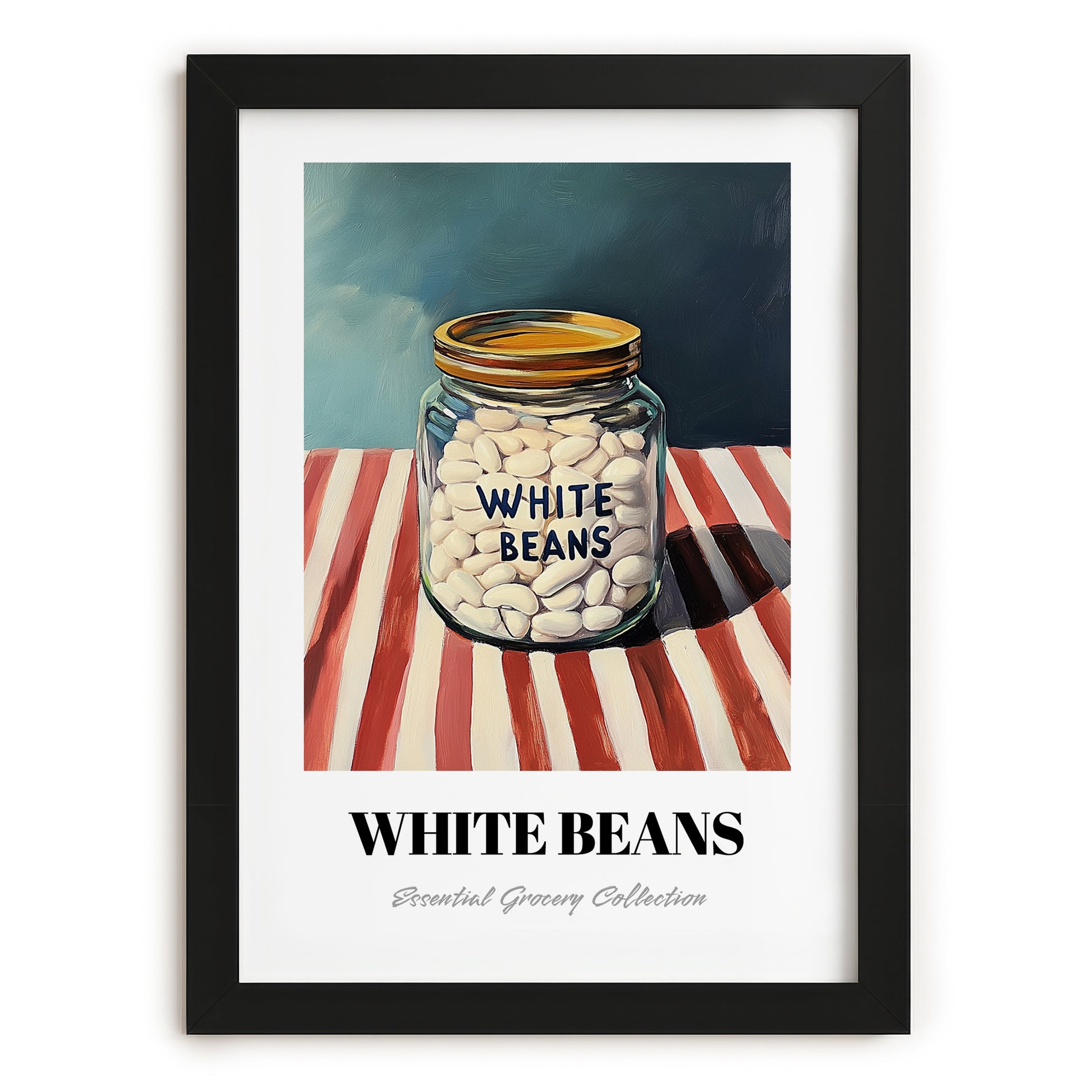 White Beans – on Striped Tablecloth, Grocery Painting, in sleek black frame