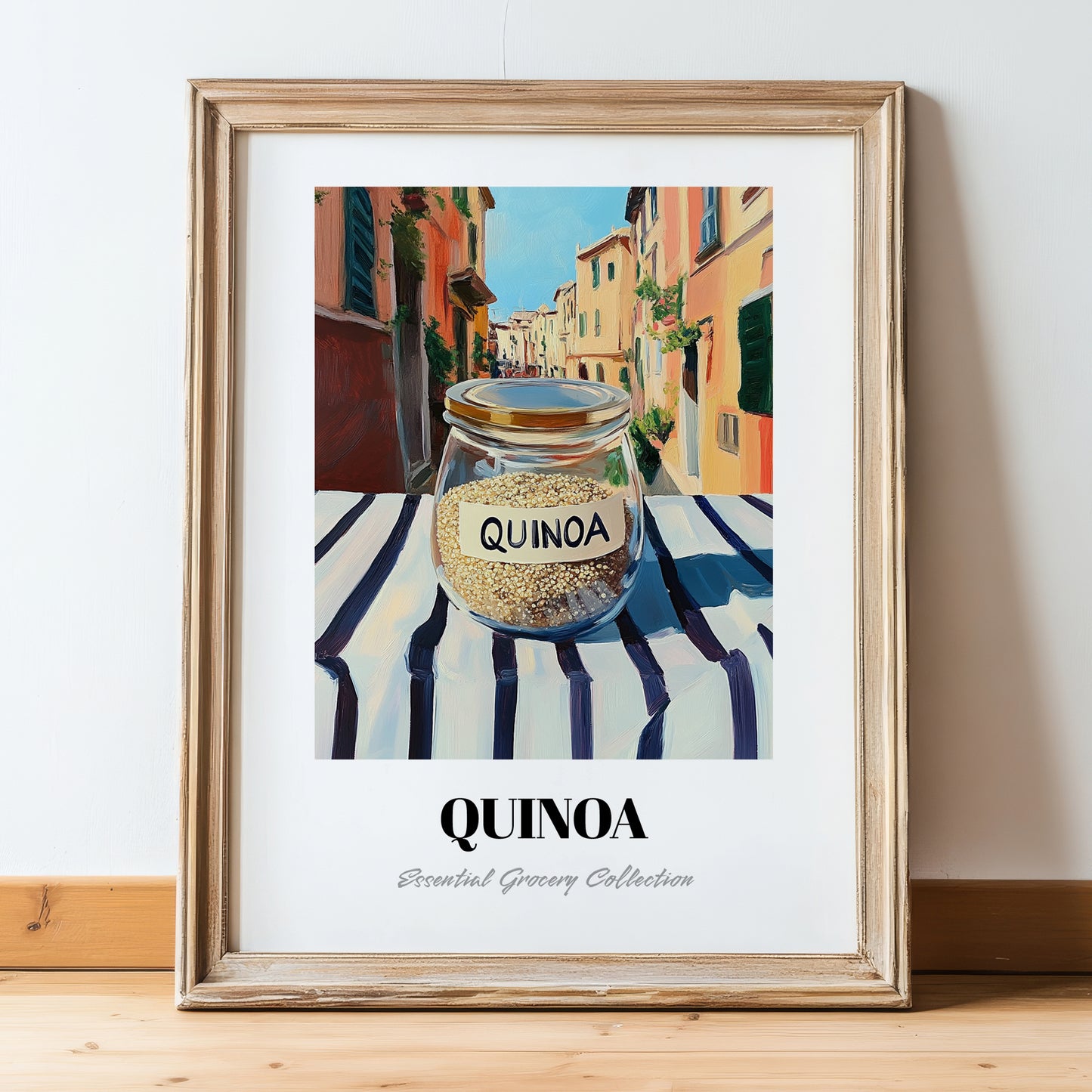 Quinoa – Italian Outdoor Café Scene, Pantry Illustration, in wooden frame leaning on the floor
