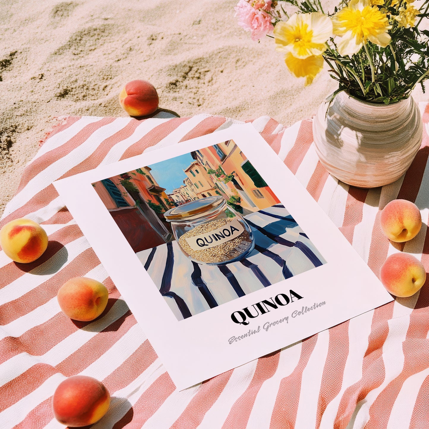 Quinoa – Italian Outdoor Café Scene, Pantry Illustration, unframed on coastal sand