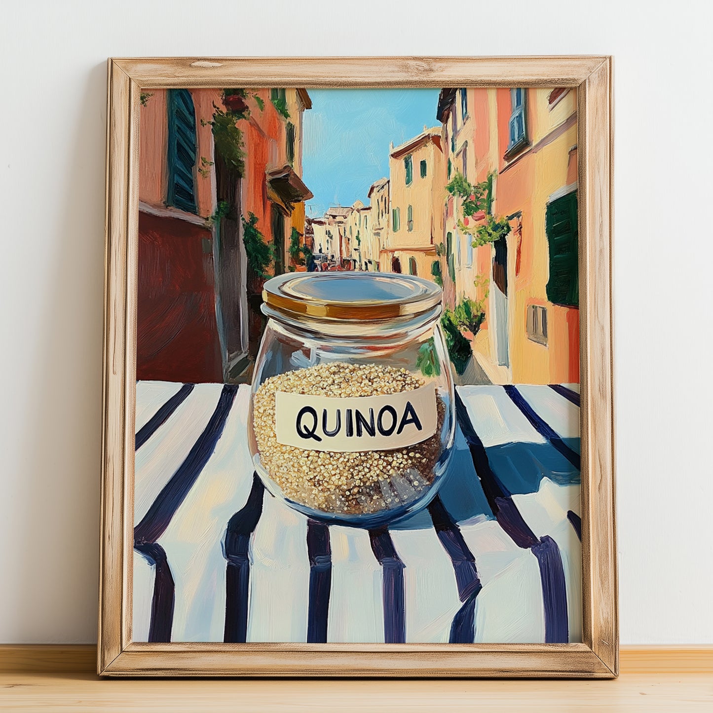 Quinoa – Italian Outdoor Café Scene, Pantry Illustration, no-text version framed in wood