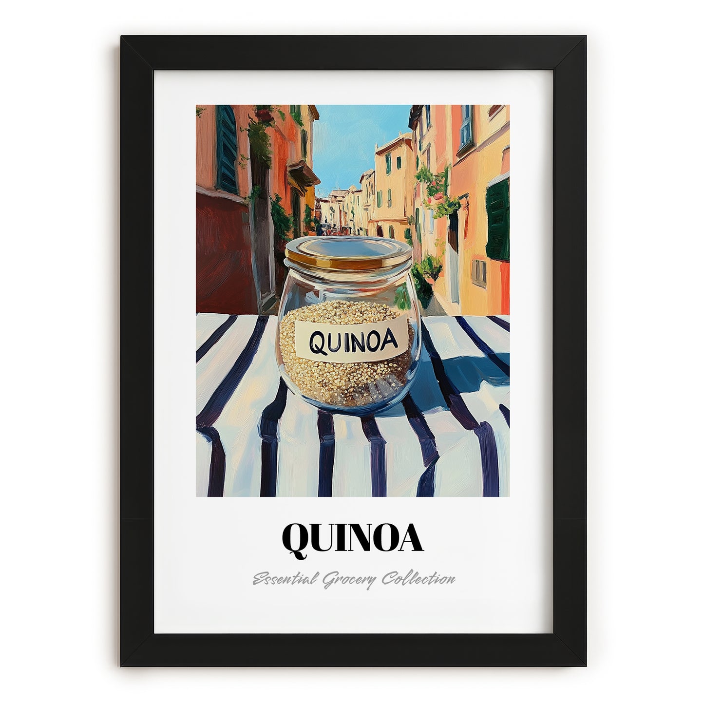 Quinoa – Italian Outdoor Café Scene, Pantry Illustration, in sleek black frame