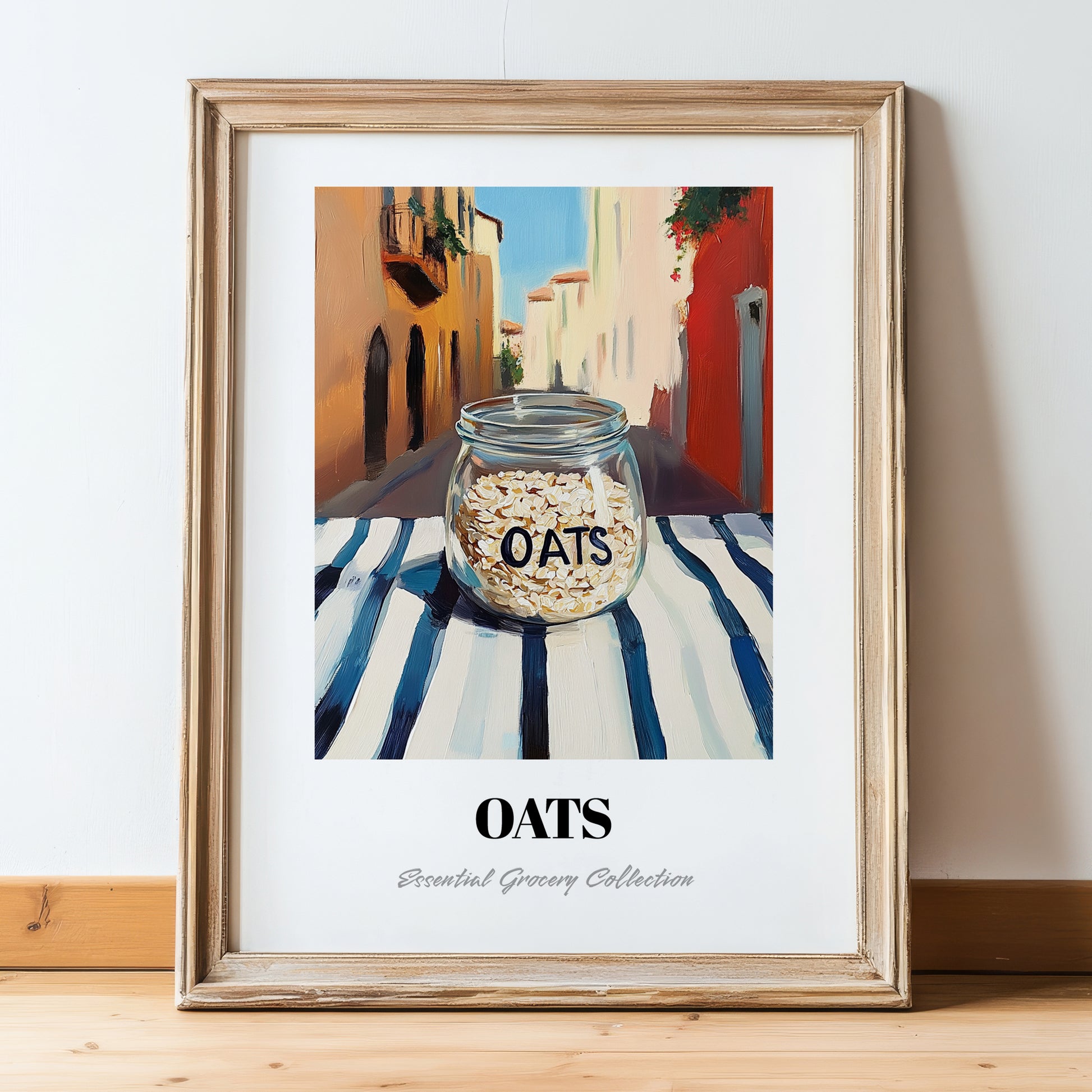 Oats – Italian Street Café Scene, Pantry Illustration, in wooden frame leaning on the floor