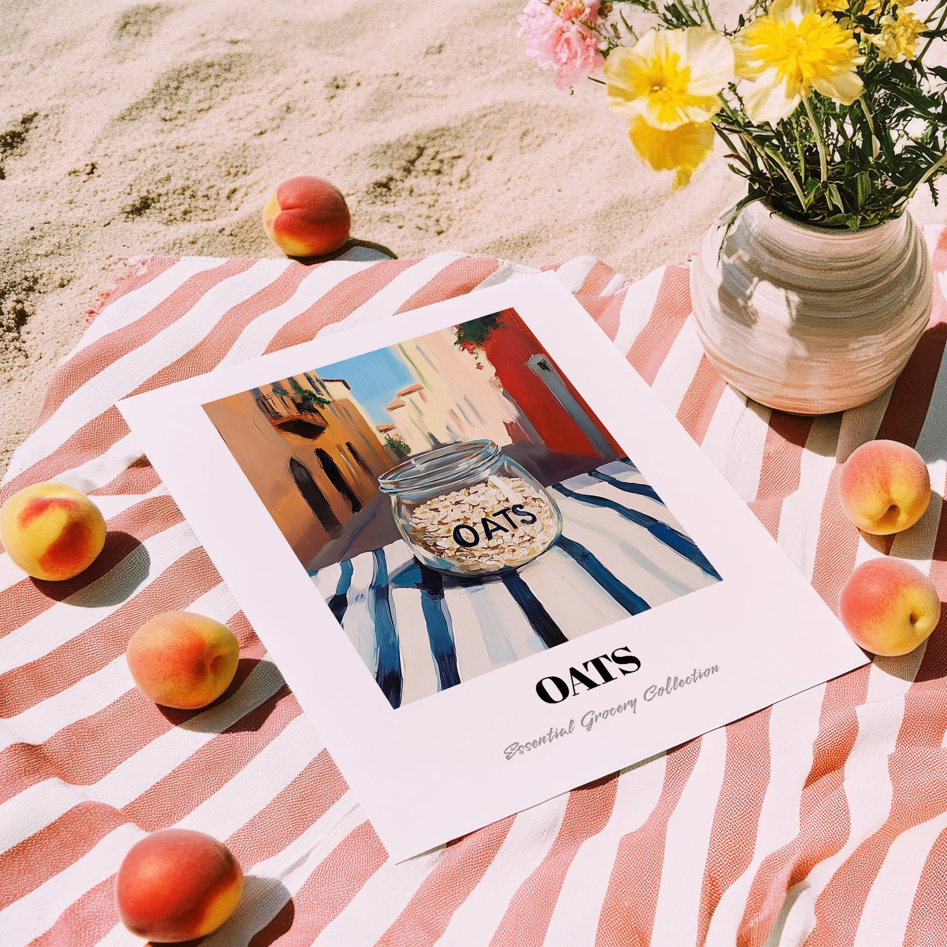 Oats – Italian Street Café Scene, Pantry Illustration, unframed on coastal sand