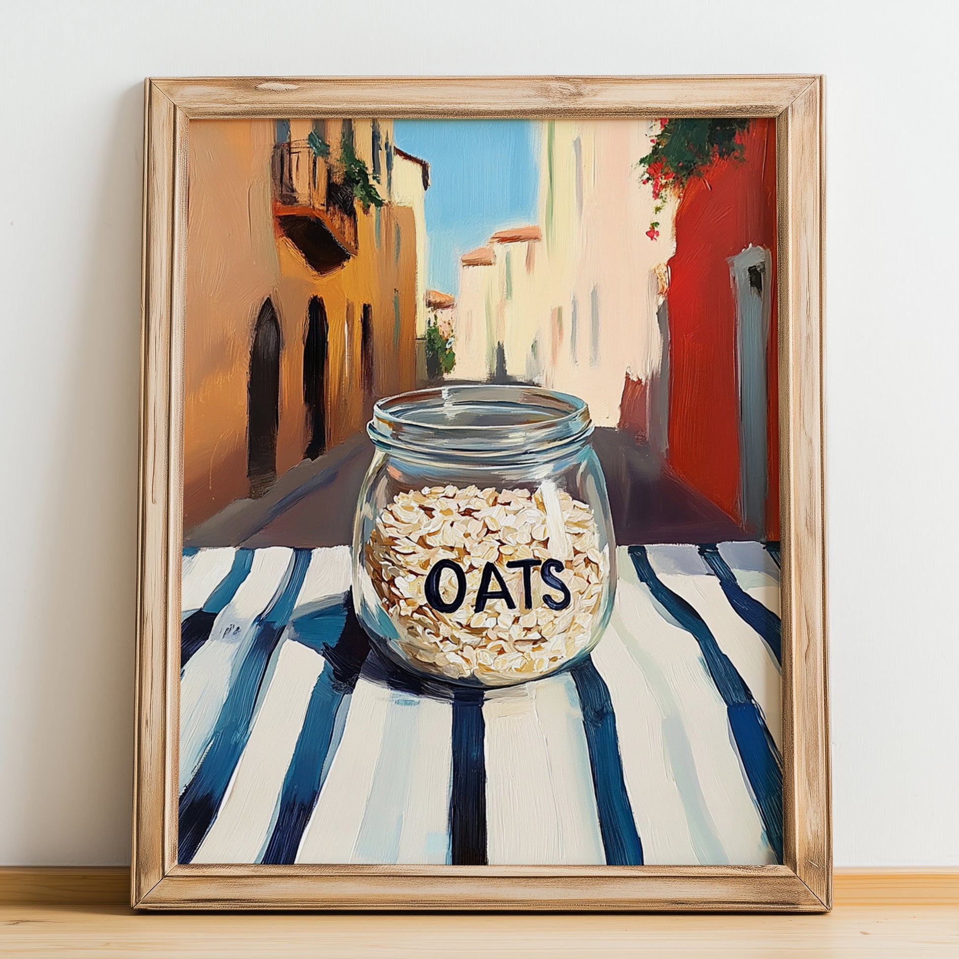 Oats – Italian Street Café Scene, Pantry Illustration, no-text version framed in wood