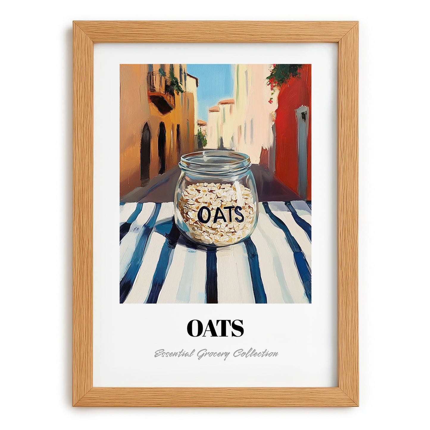 Oats – Italian Street Café Scene, Pantry Illustration, set in oak frame