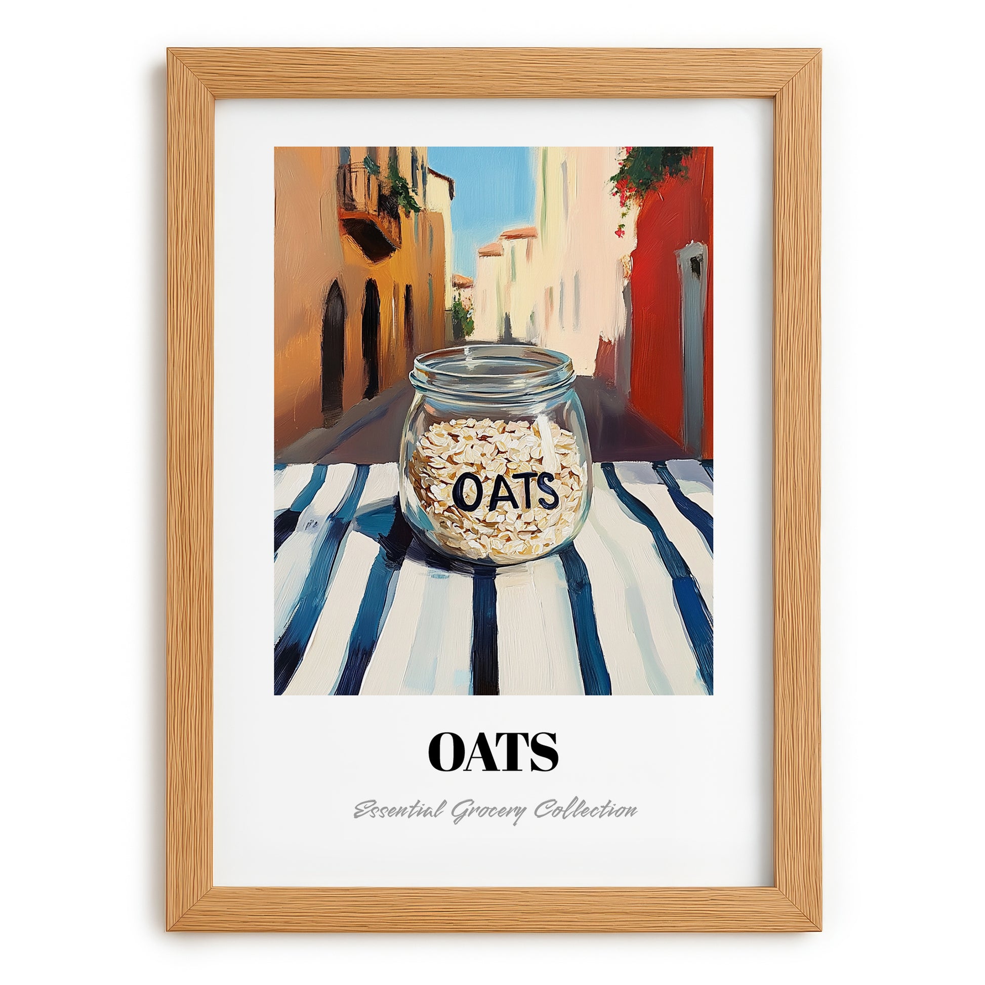 Oats – Italian Street Café Scene, Pantry Illustration, set in oak frame