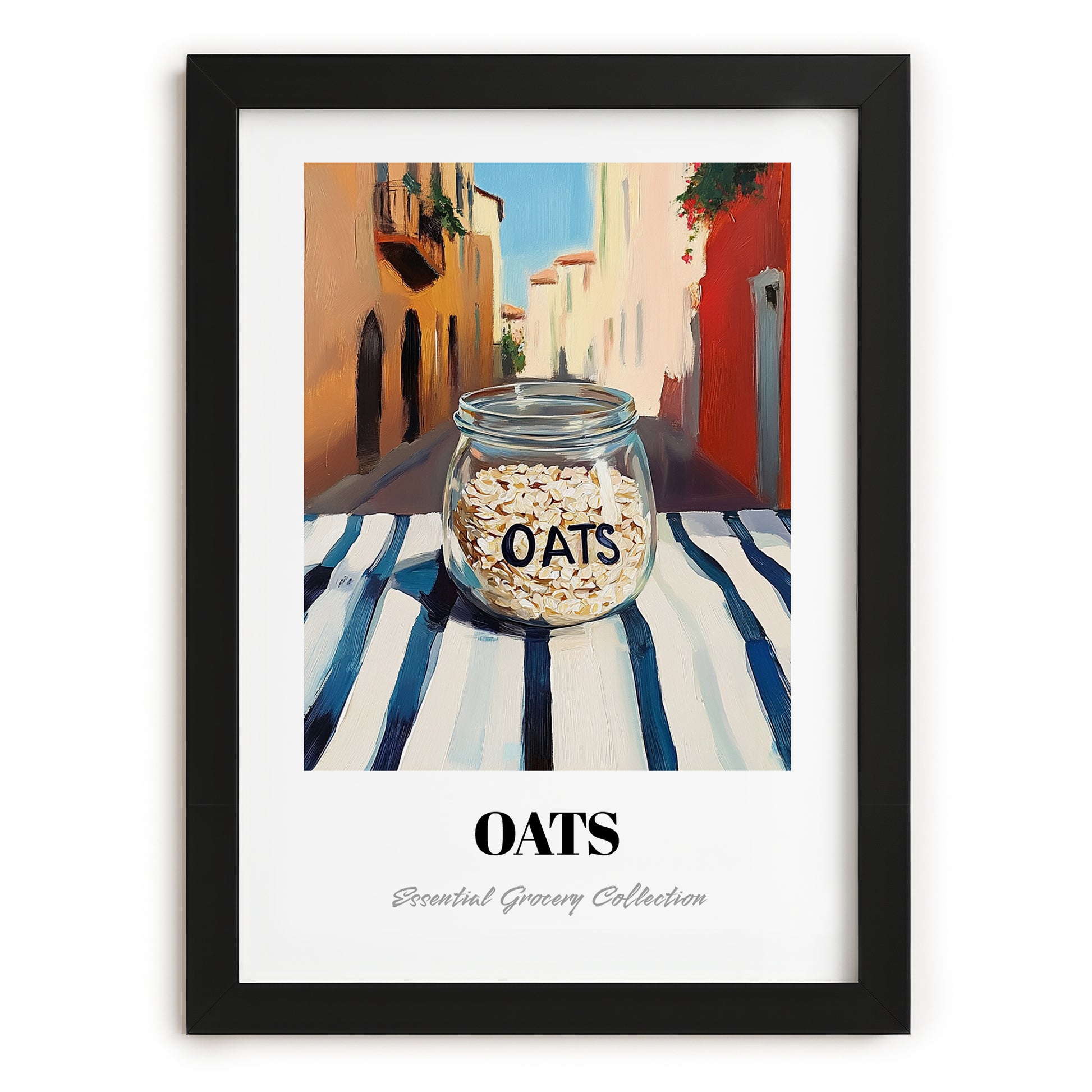 Oats – Italian Street Café Scene, Pantry Illustration, in sleek black frame