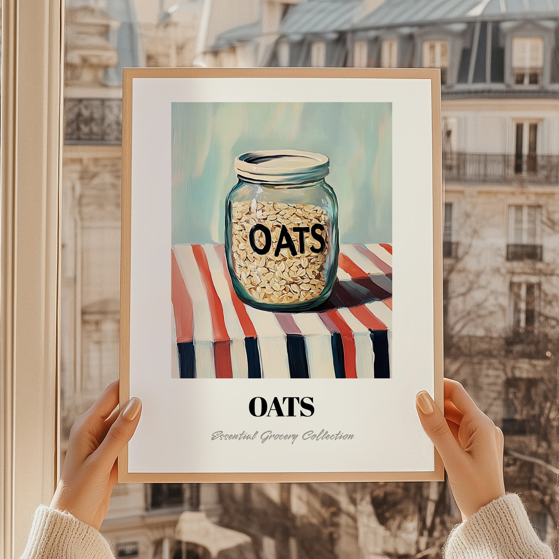 Oats – on Striped Tablecloth, Food Stash Painting, styled in a charming Paris street view