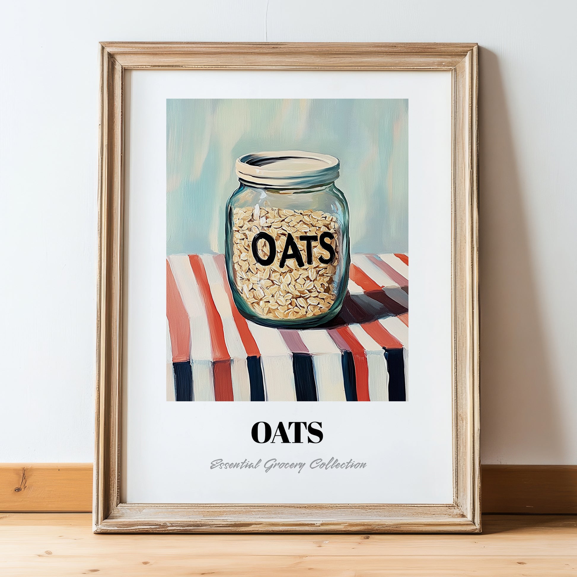 Oats – on Striped Tablecloth, Food Stash Painting, in wooden frame leaning on the floor