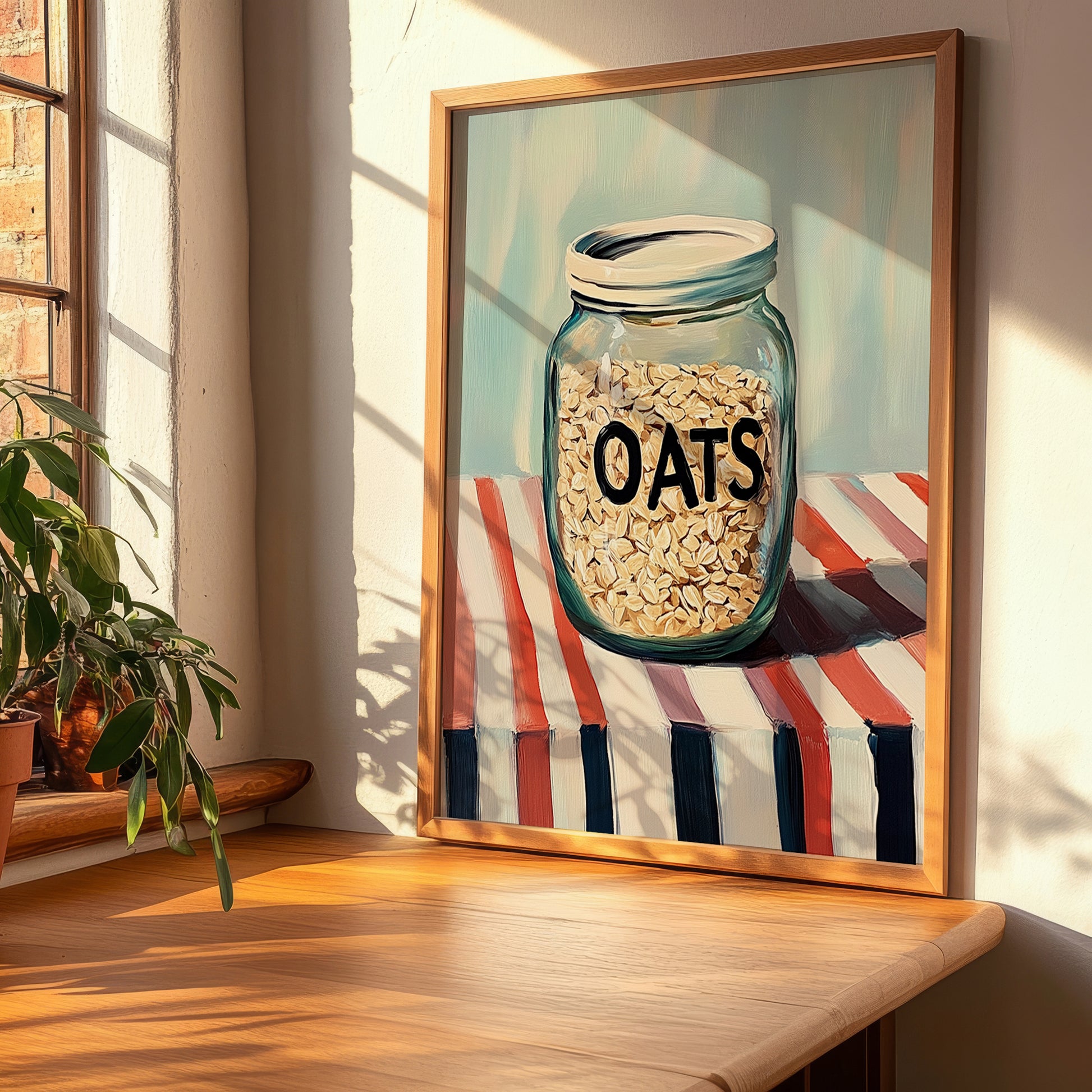 Oats – on Striped Tablecloth, Food Stash Painting, clean layout with no caption