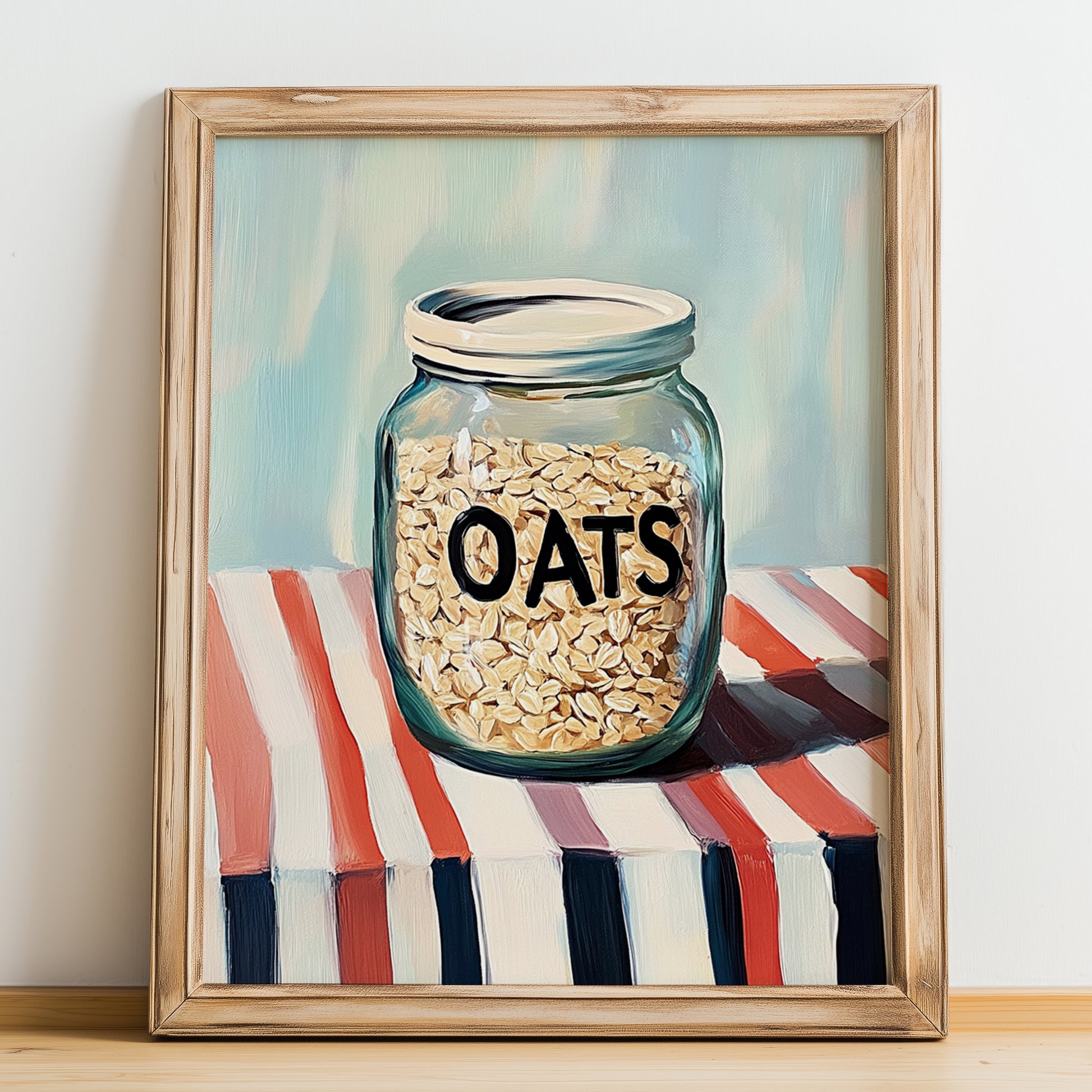 Oats – on Striped Tablecloth, Food Stash Painting, no-text version framed in wood