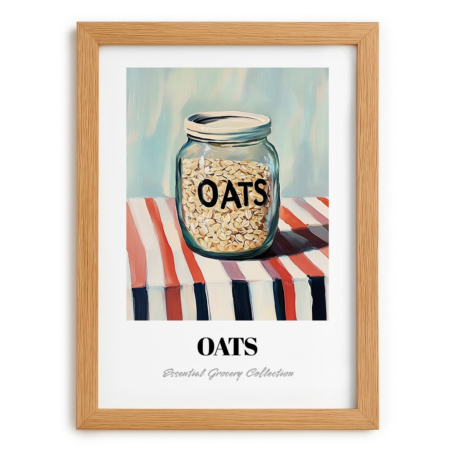 Oats – on Striped Tablecloth, Food Stash Painting, set in oak frame