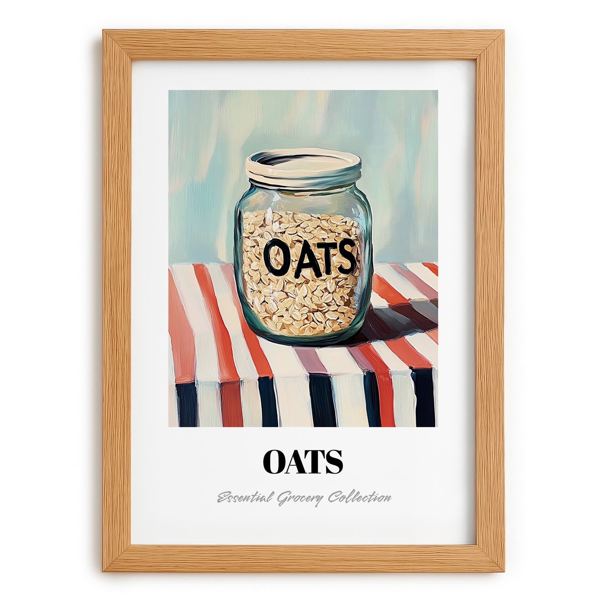 Oats – on Striped Tablecloth, Food Stash Painting, set in oak frame