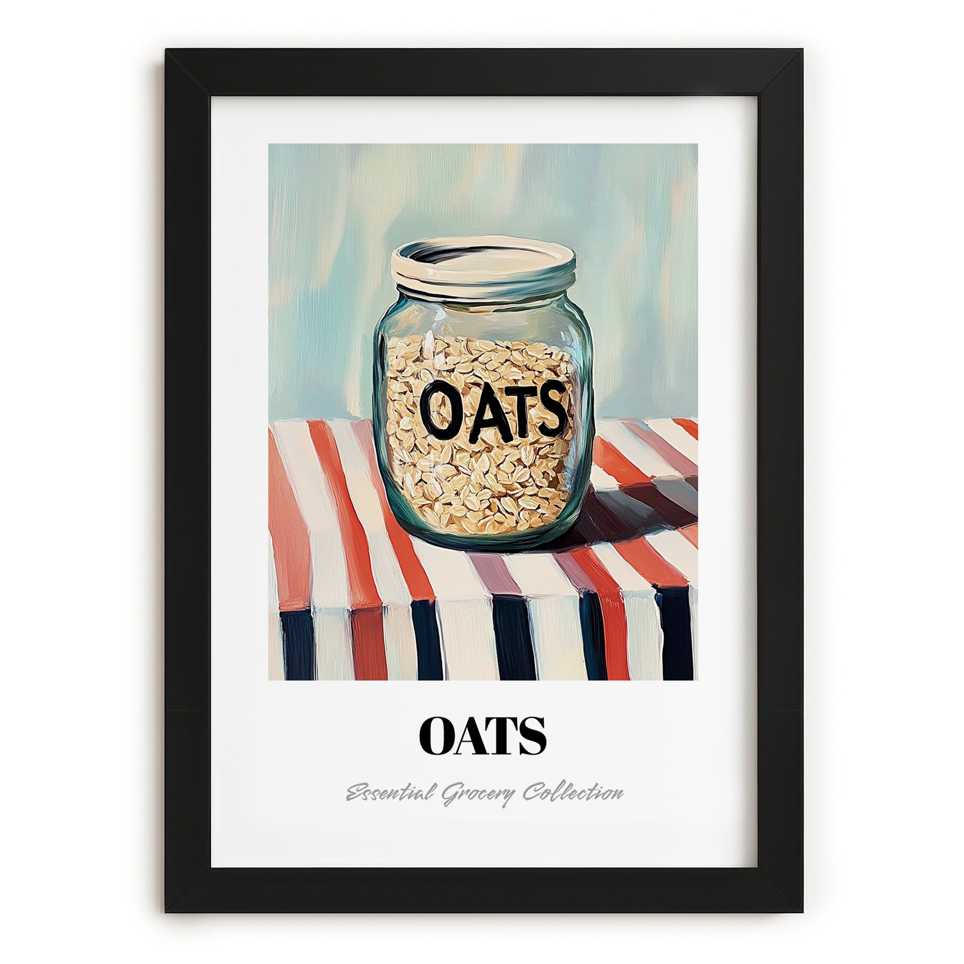 Oats – on Striped Tablecloth, Food Stash Painting, in sleek black frame