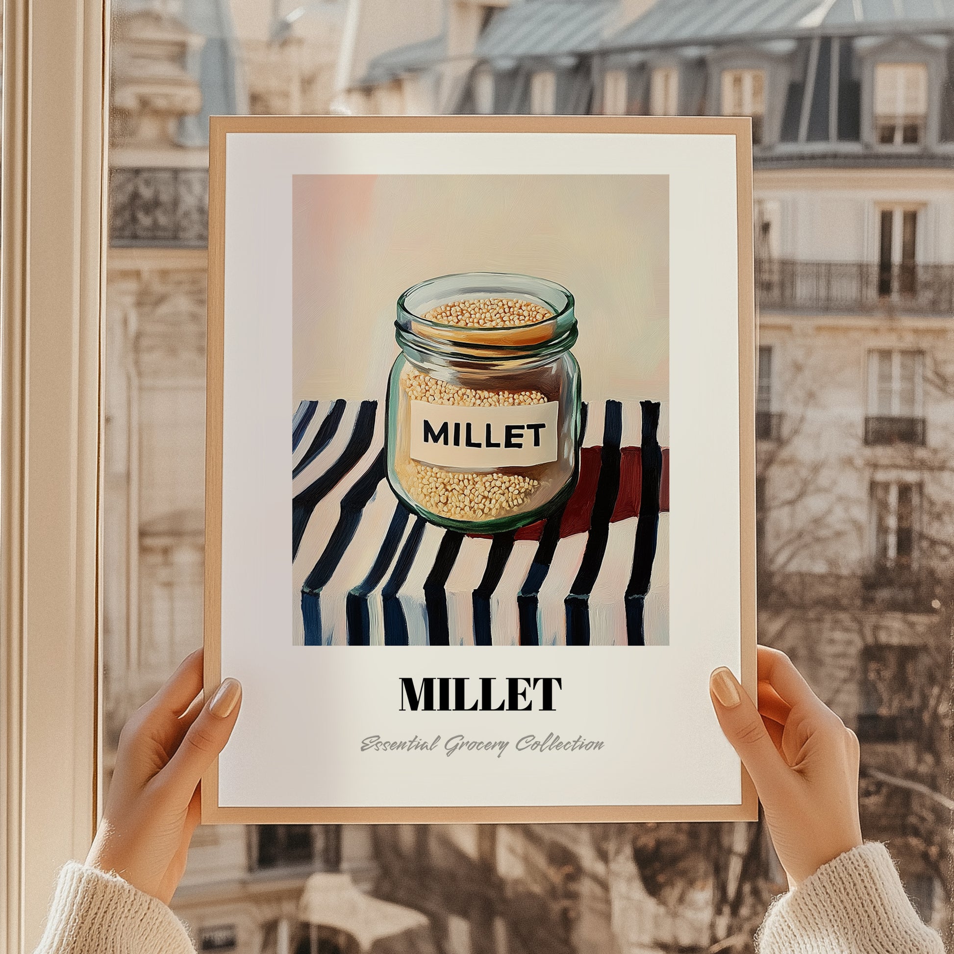 Millet – on Striped Tablecloth, Pantry Painting, styled in a charming Paris street view