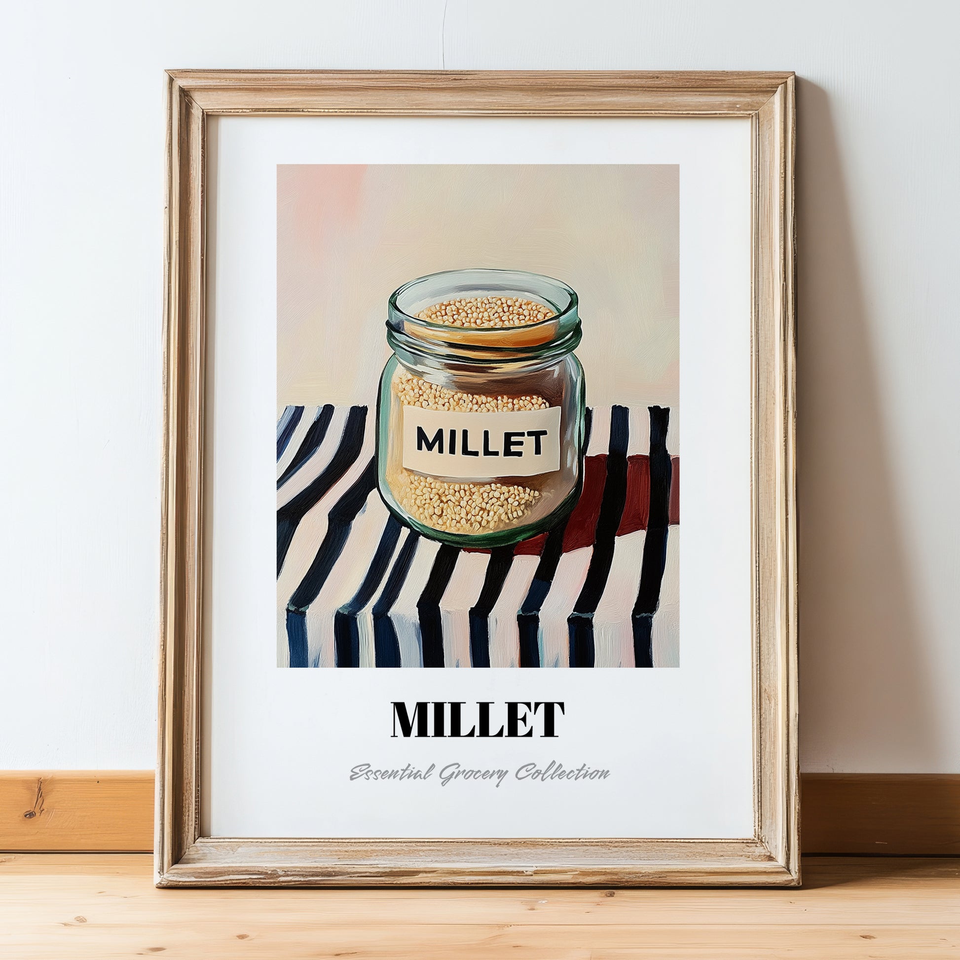 Millet – on Striped Tablecloth, Pantry Painting, in wooden frame leaning on the floor