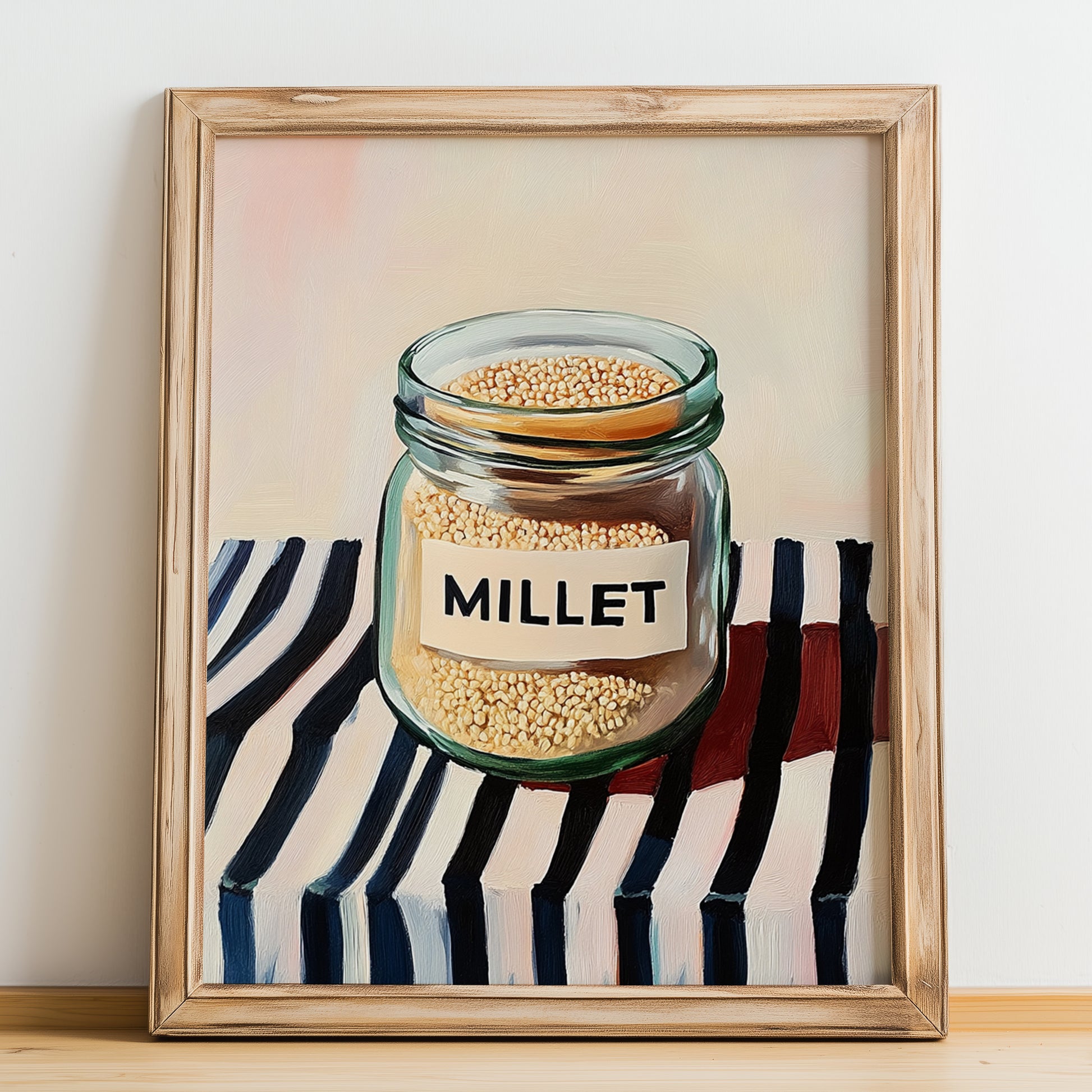 Millet – on Striped Tablecloth, Pantry Painting, no-text version framed in wood