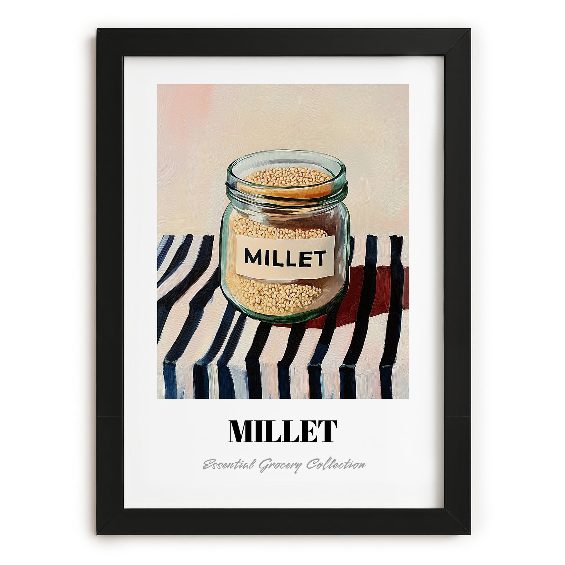 Millet – on Striped Tablecloth, Pantry Painting, in sleek black frame