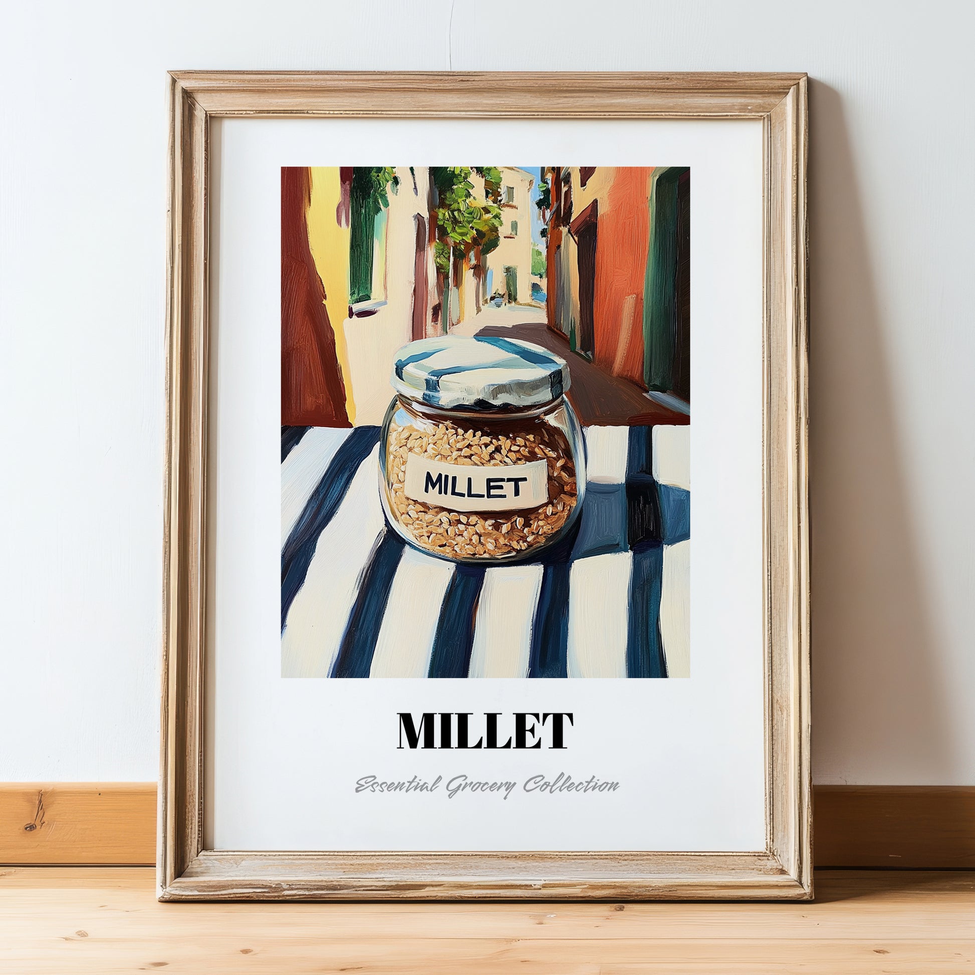 Millet – Italian Urban Café Scene, Pantry Painting, in wooden frame leaning on the floor