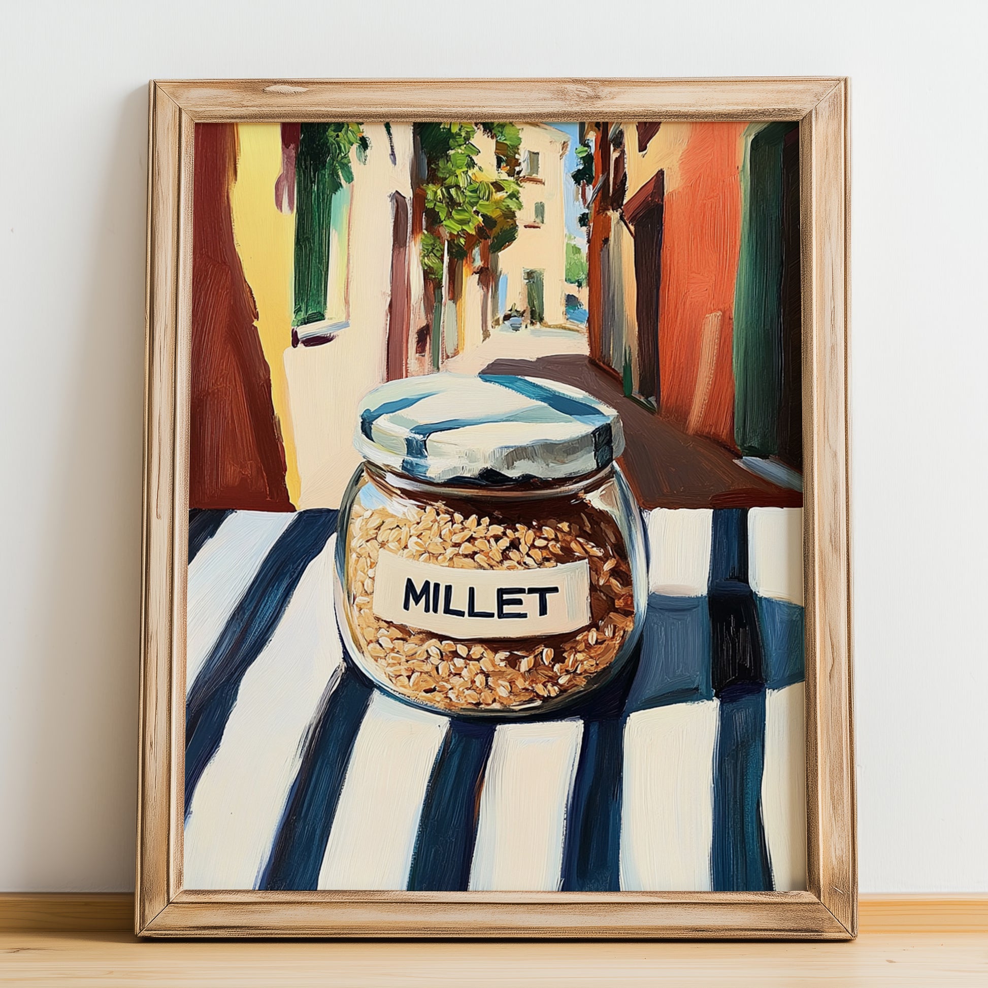 Millet – Italian Urban Café Scene, Pantry Painting, no-text version framed in wood