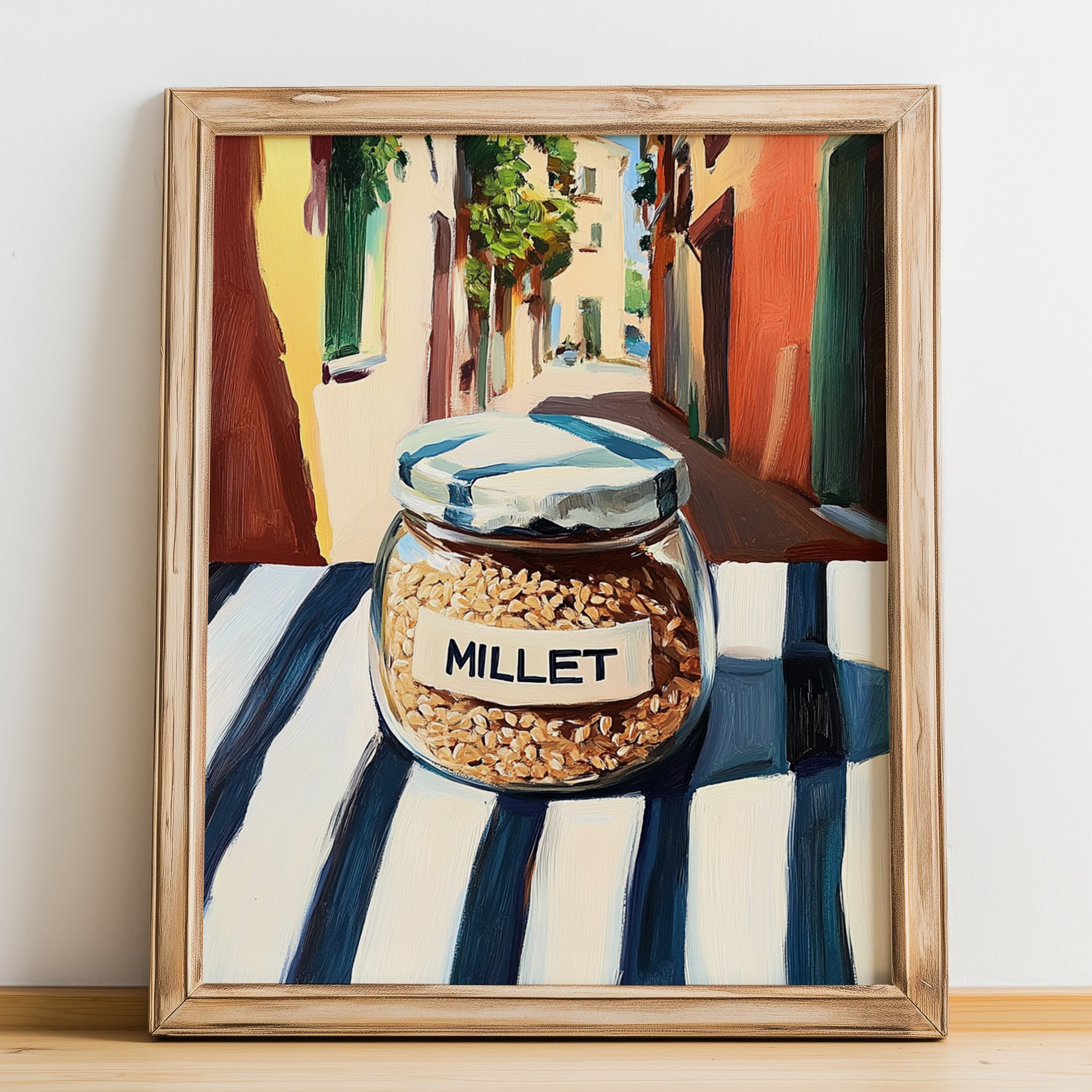Millet – Italian Urban Café Scene, Pantry Painting, no-text version framed in wood