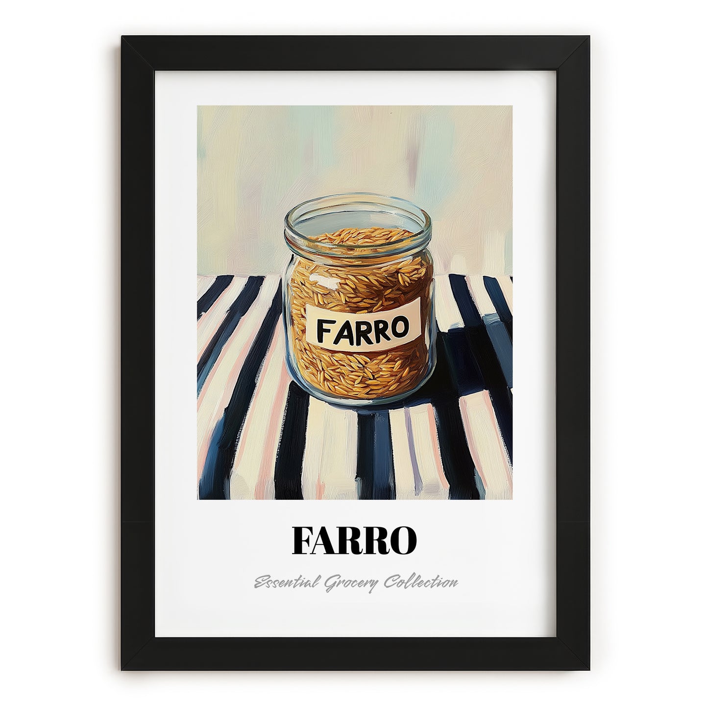 Farro – on Striped Tablecloth, Pantry Wall Decor, in sleek black frame