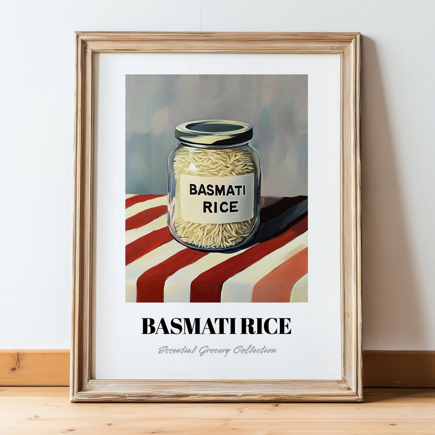 Basmati Rice – on Striped Tablecloth, Shelf Stock Wall Decor, in wooden frame leaning on the floor