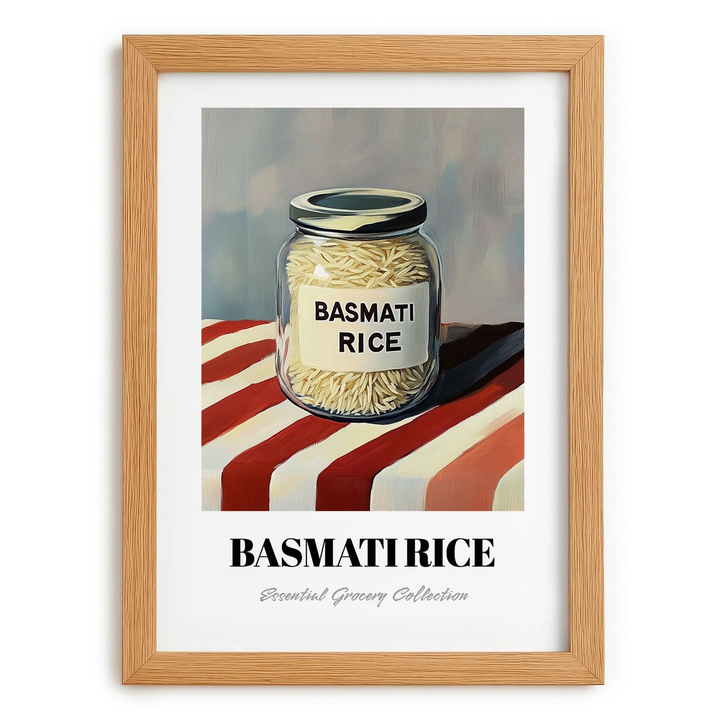 Basmati Rice – on Striped Tablecloth, Shelf Stock Wall Decor, set in oak frame