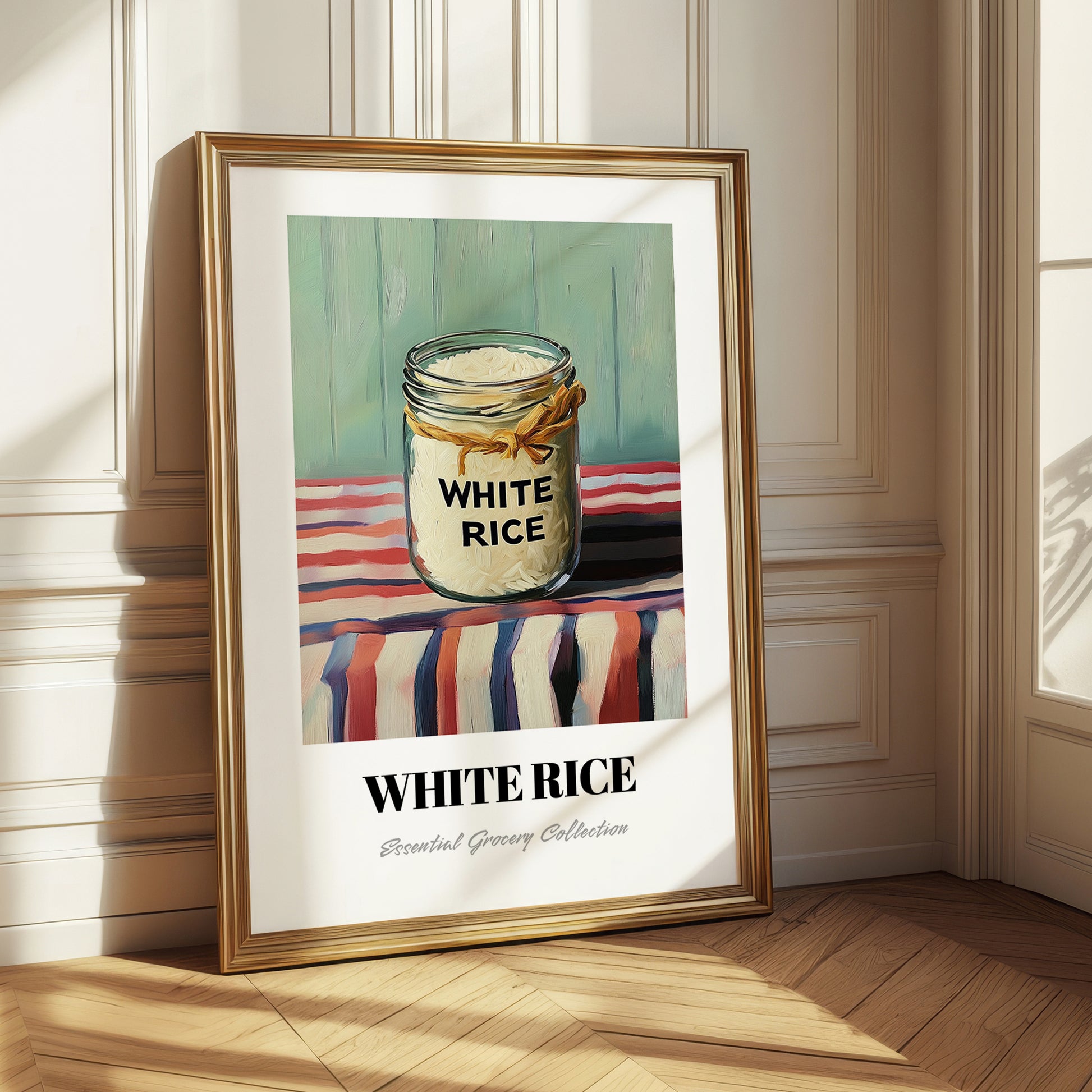 White Rice – on Striped Tablecloth, Food Stash Art