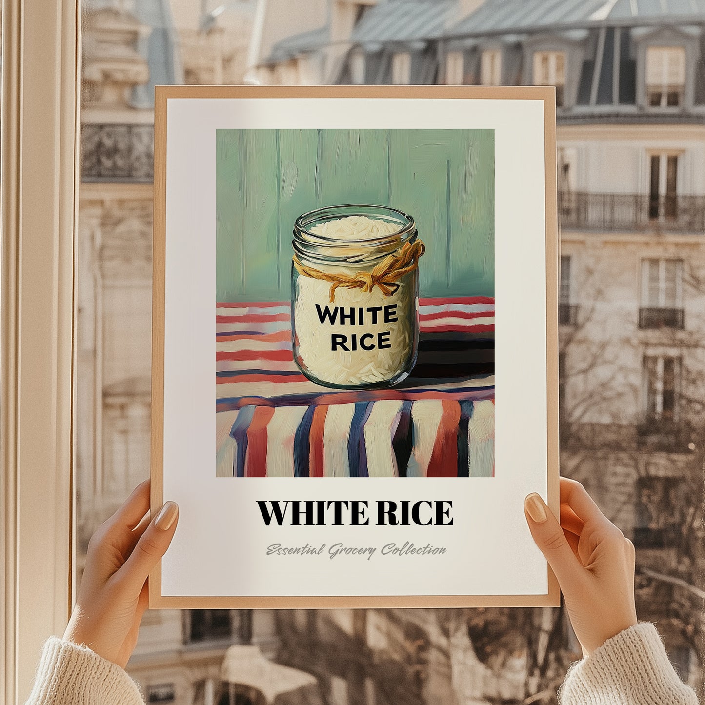 White Rice – on Striped Tablecloth, Food Stash Art, styled in a charming Paris street view