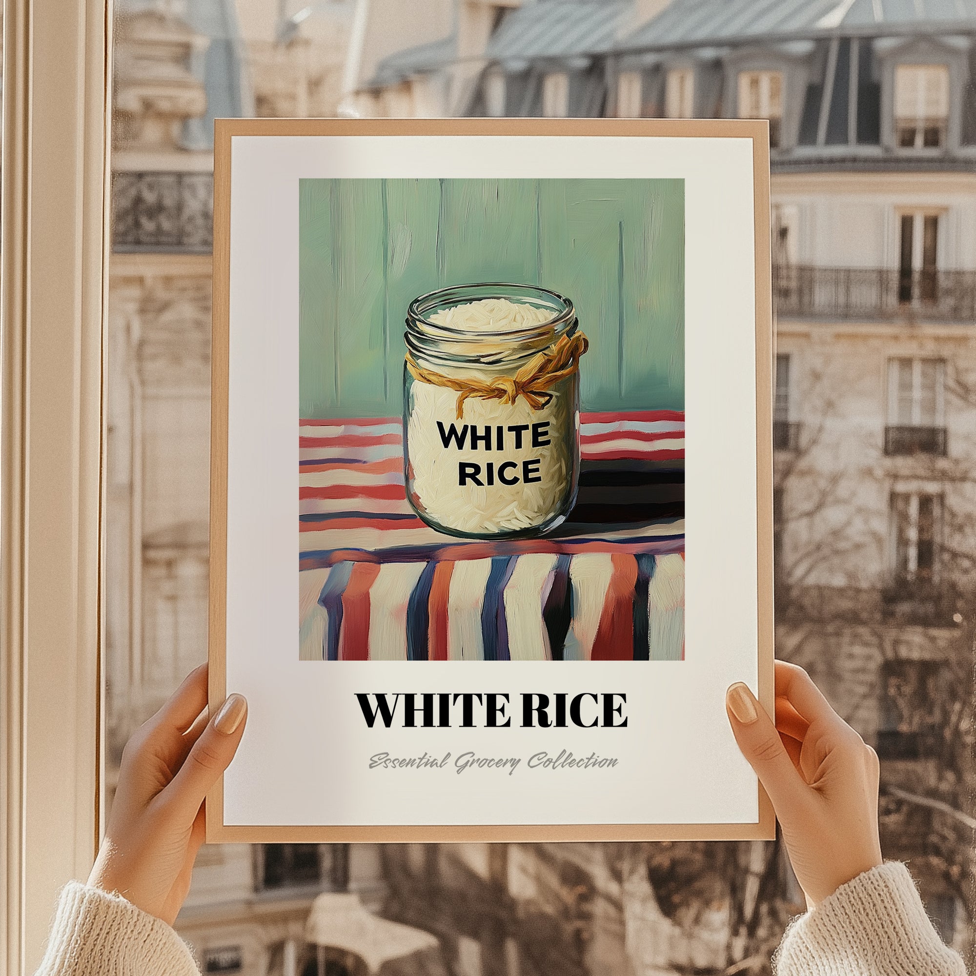White Rice – on Striped Tablecloth, Food Stash Art, styled in a charming Paris street view