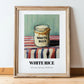 White Rice – on Striped Tablecloth, Food Stash Art, in wooden frame leaning on the floor