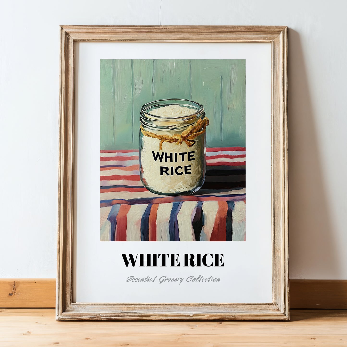 White Rice – on Striped Tablecloth, Food Stash Art, in wooden frame leaning on the floor