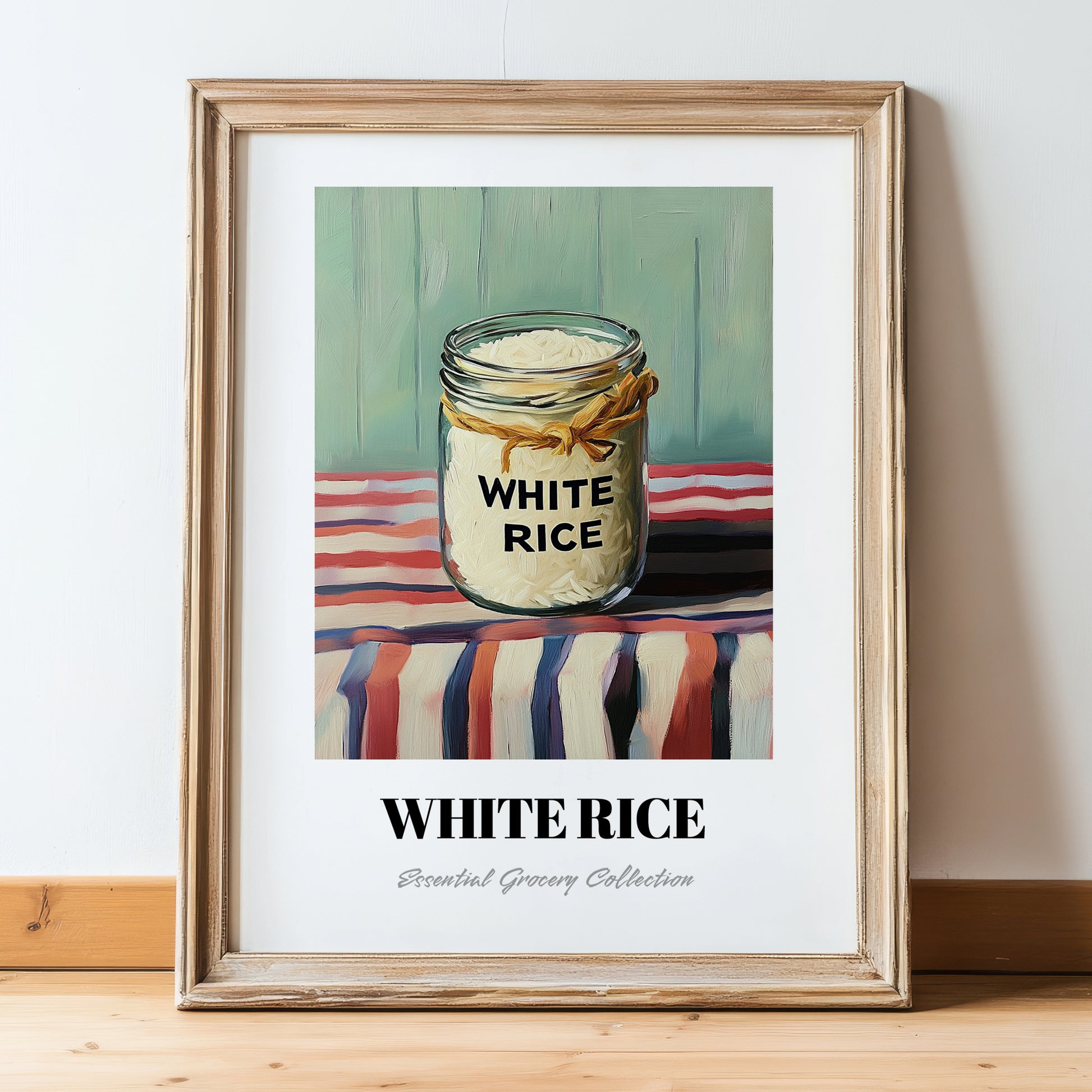 White Rice – on Striped Tablecloth, Food Stash Art, in wooden frame leaning on the floor