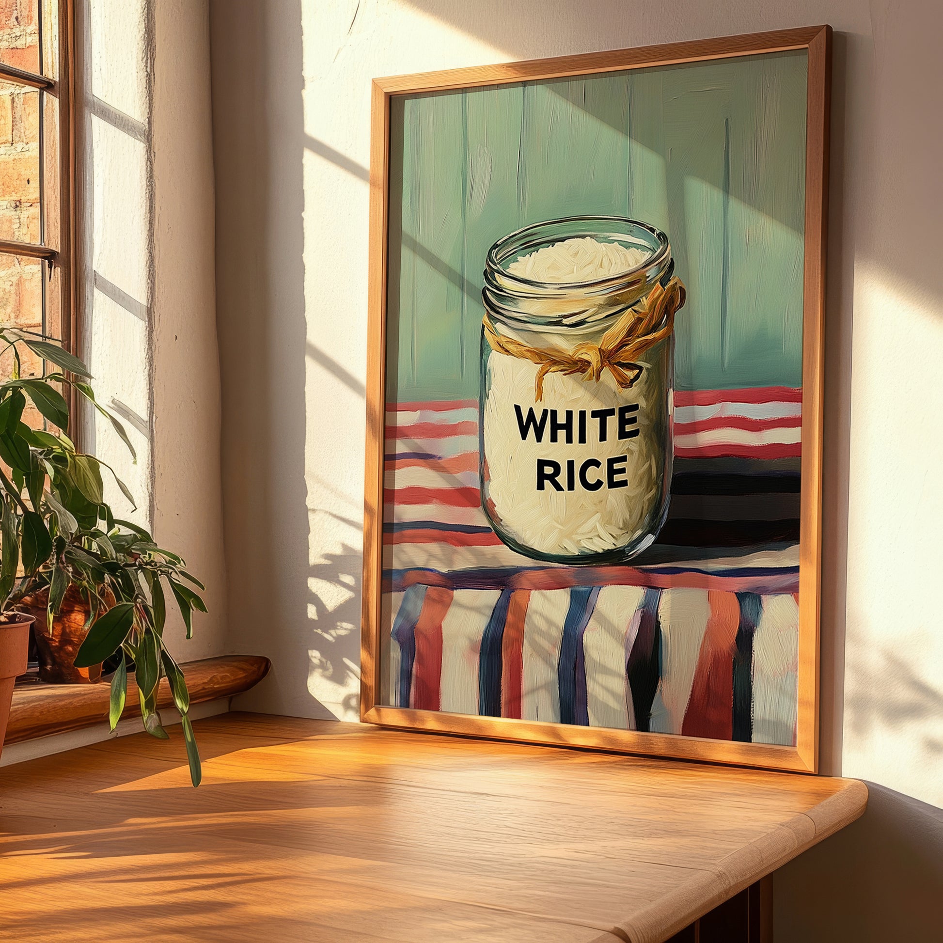 White Rice – on Striped Tablecloth, Food Stash Art, clean layout with no caption