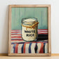 White Rice – on Striped Tablecloth, Food Stash Art, no-text version framed in wood