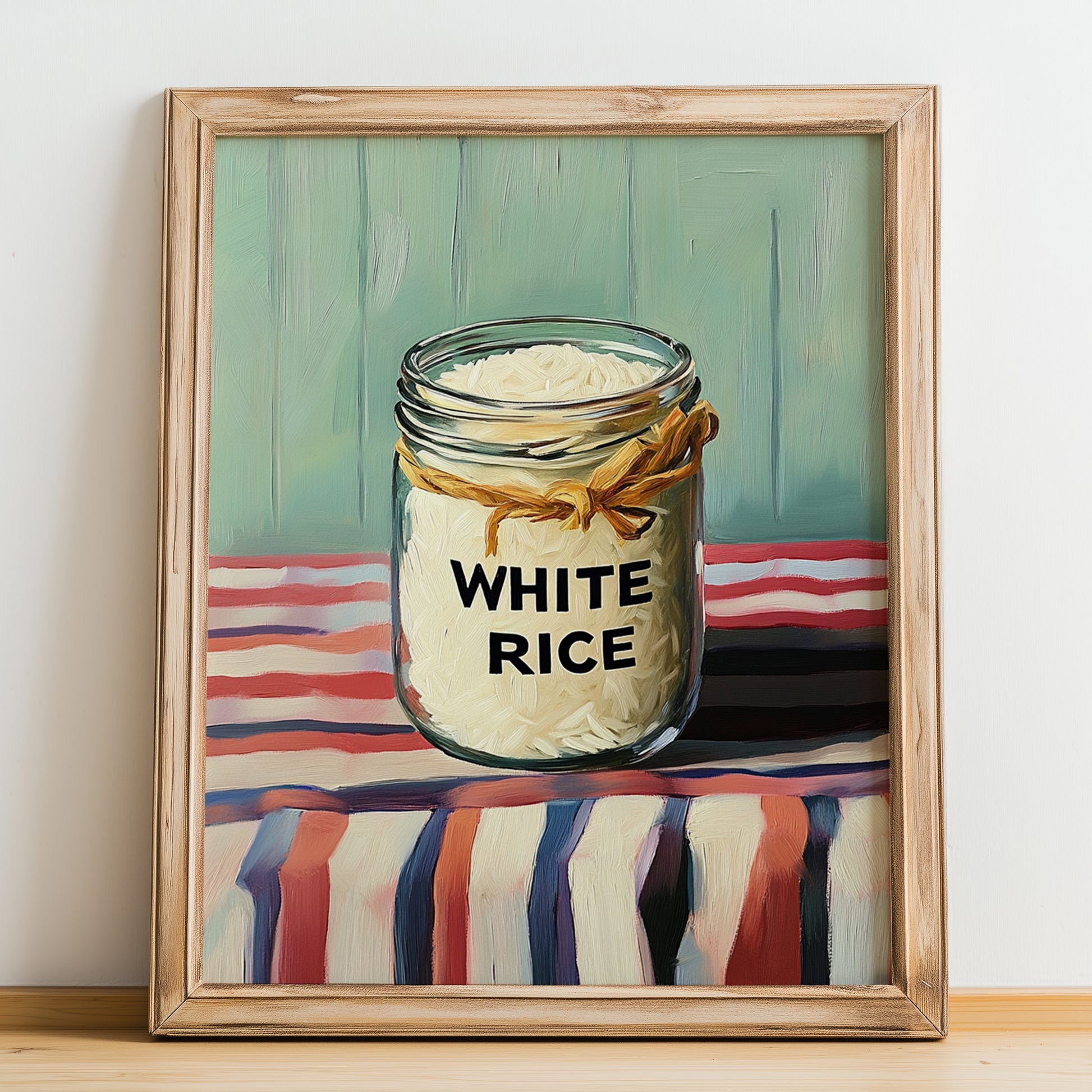 White Rice – on Striped Tablecloth, Food Stash Art, no-text version framed in wood