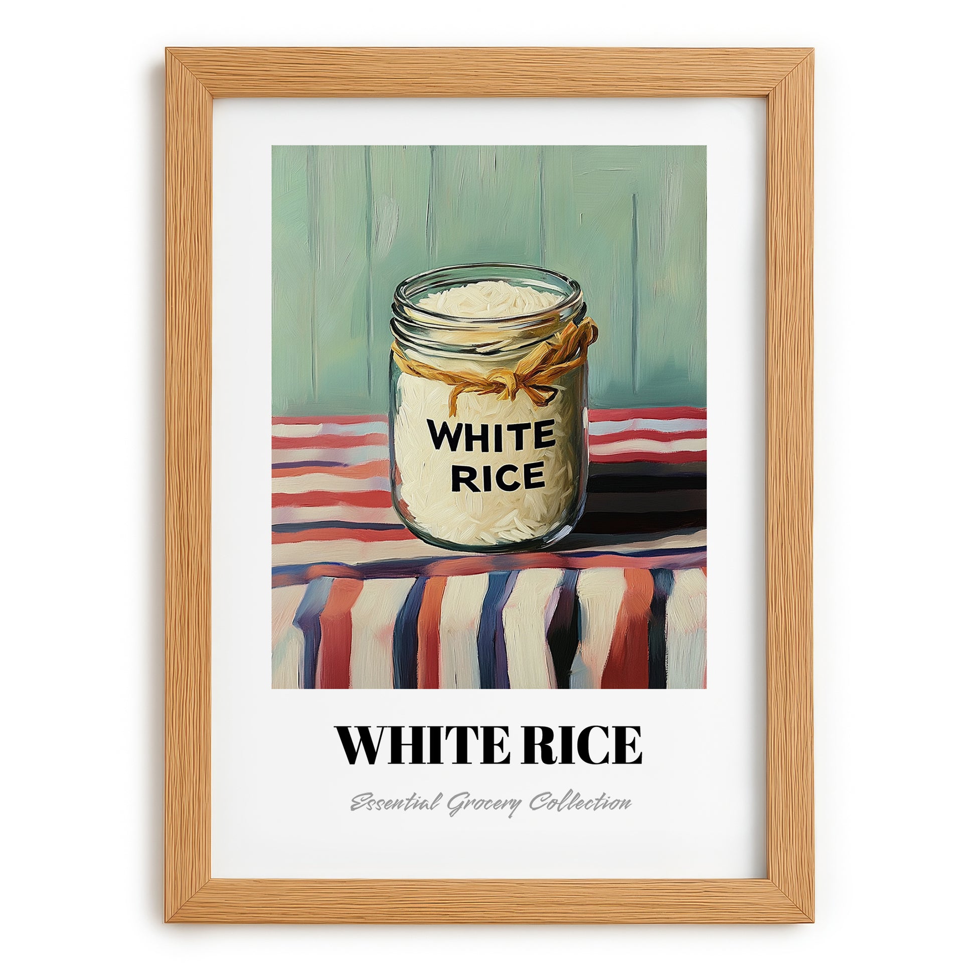 White Rice – on Striped Tablecloth, Food Stash Art, set in oak frame