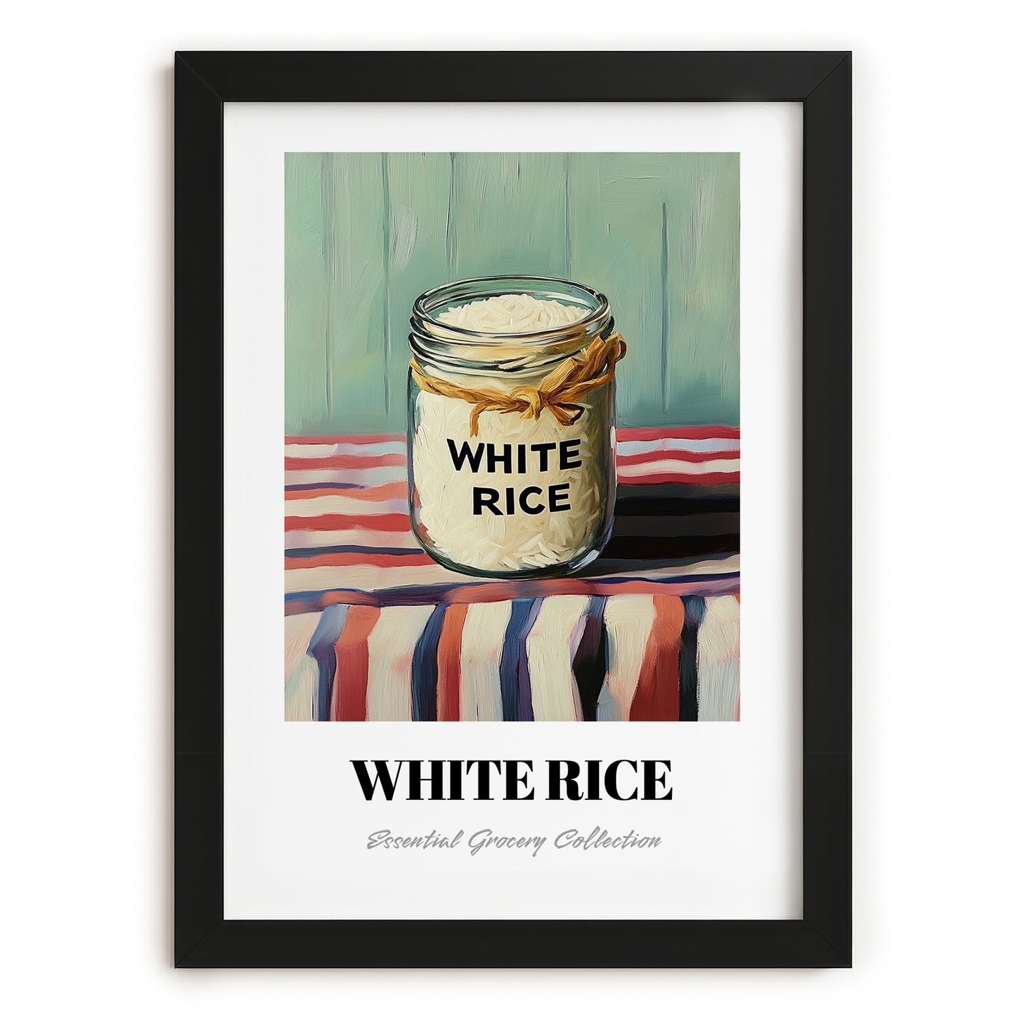 White Rice – on Striped Tablecloth, Food Stash Art, in sleek black frame