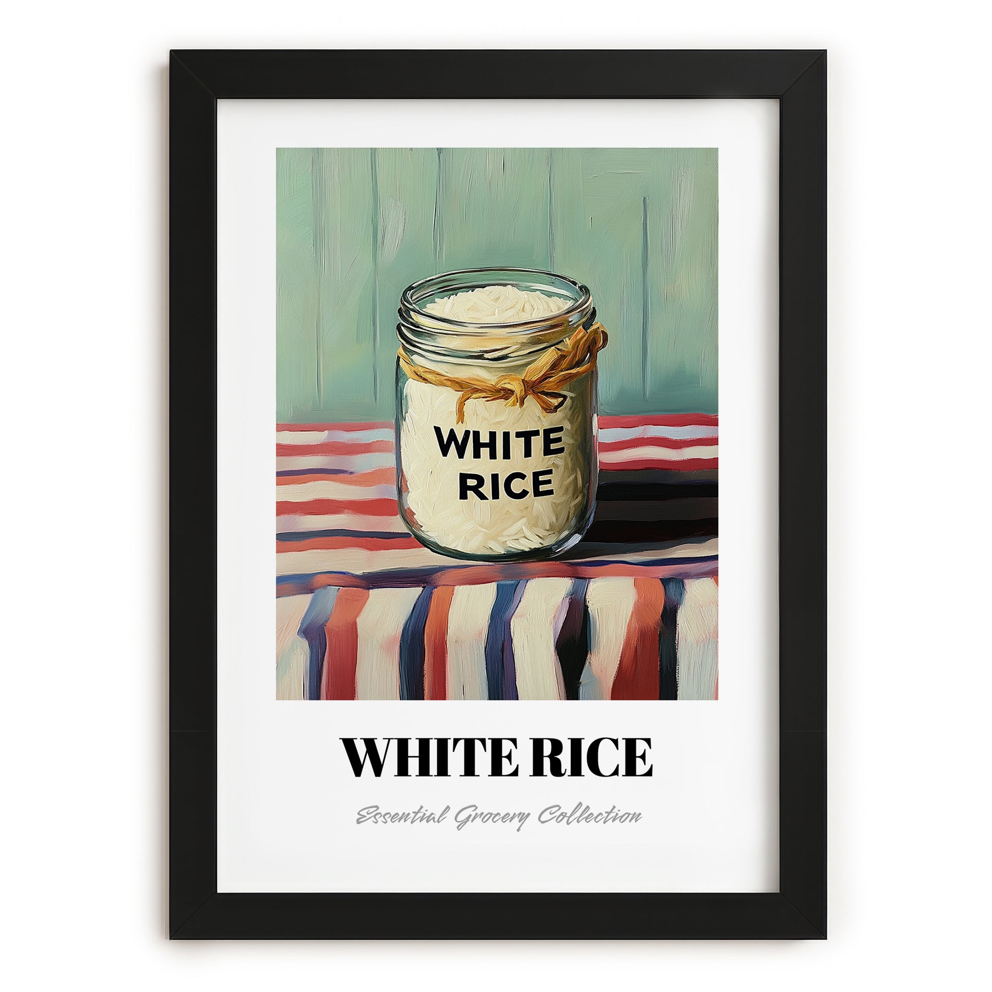 White Rice – on Striped Tablecloth, Food Stash Art, in sleek black frame