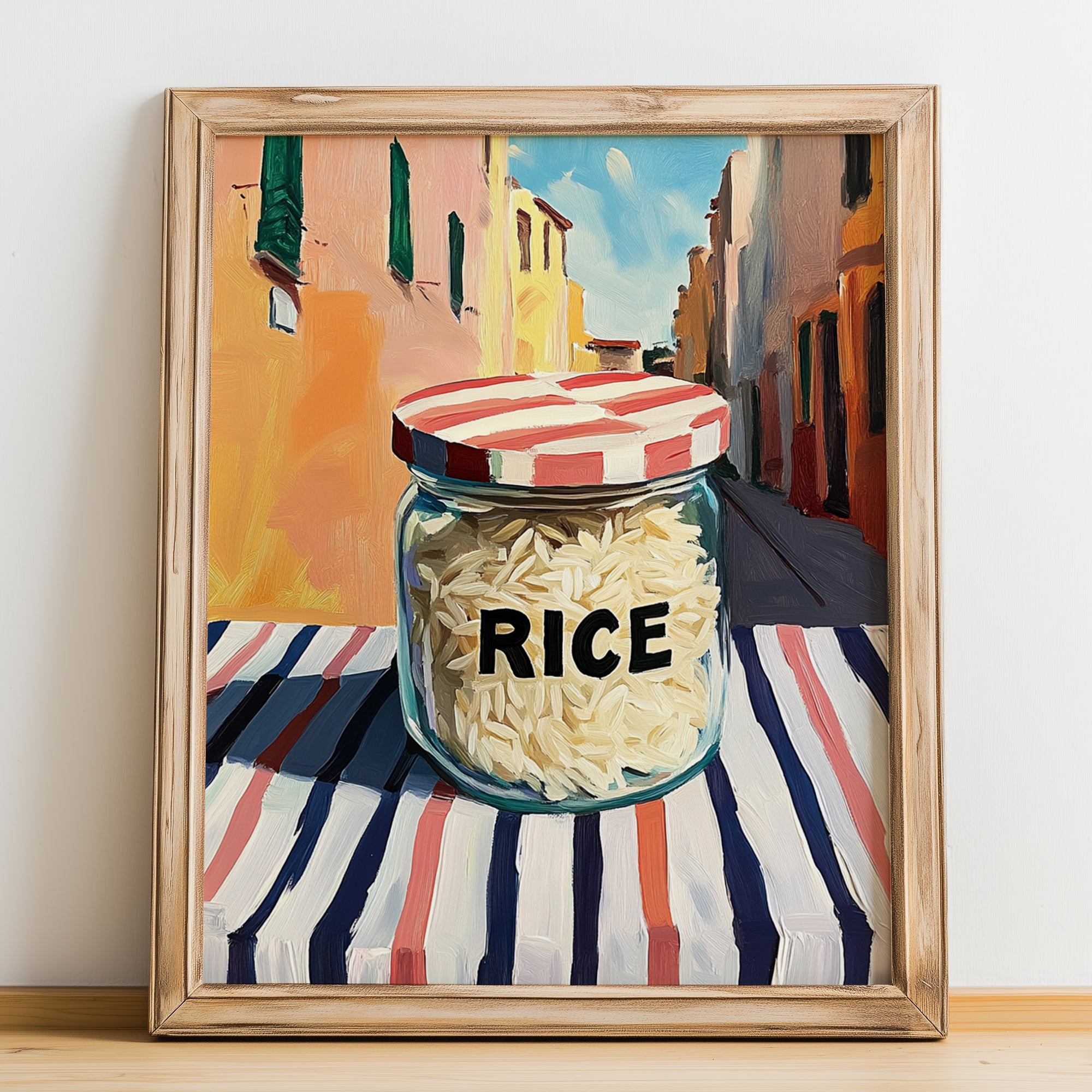 Rice – Italian Café on the Corner, Kitchen Storage Print, no-text version framed in wood