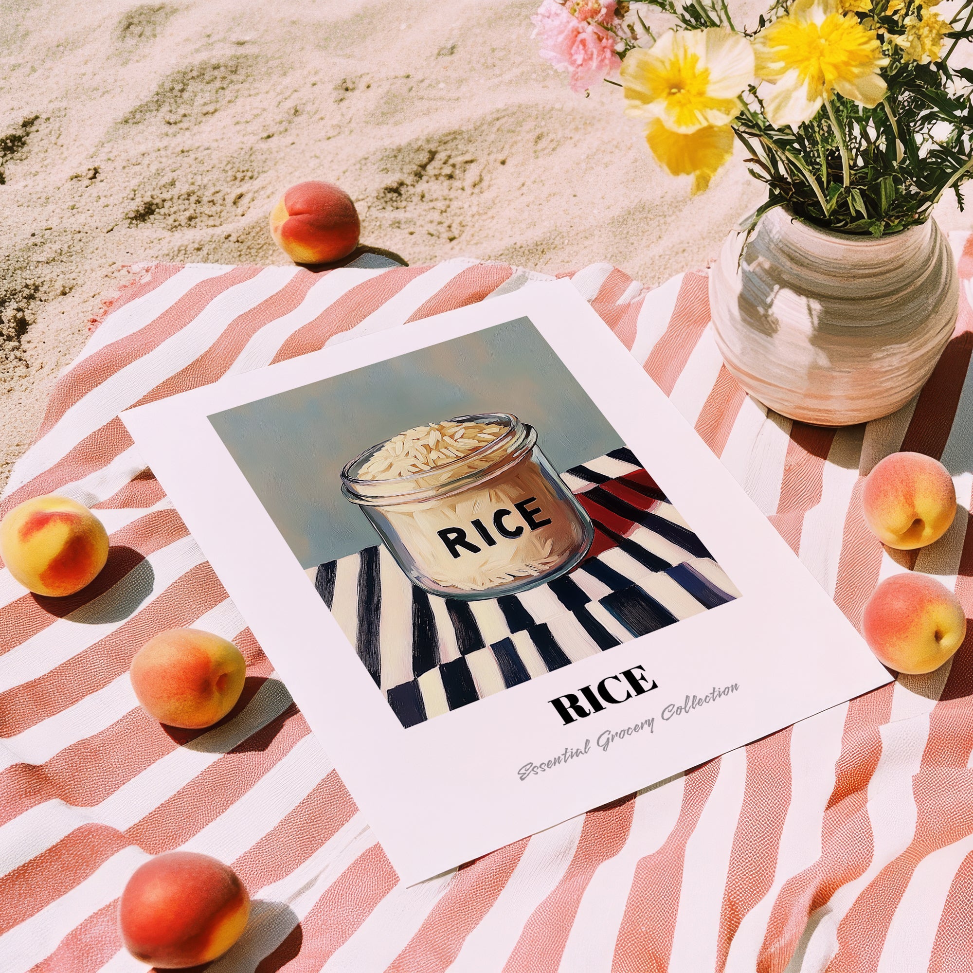 Rice – on Striped Tablecloth, Kitchen Storage Wall Decor, unframed on coastal sand