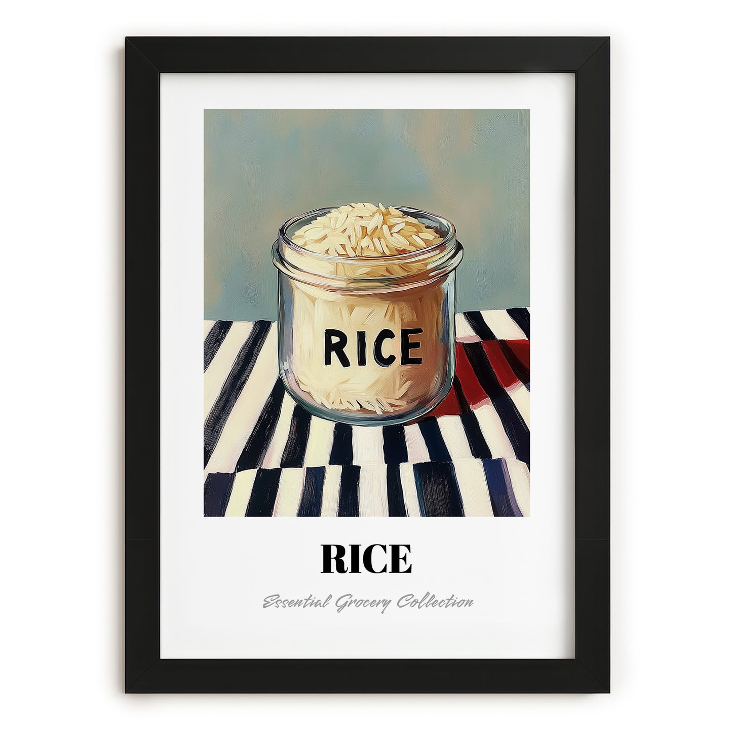Rice – on Striped Tablecloth, Kitchen Storage Wall Decor, in sleek black frame