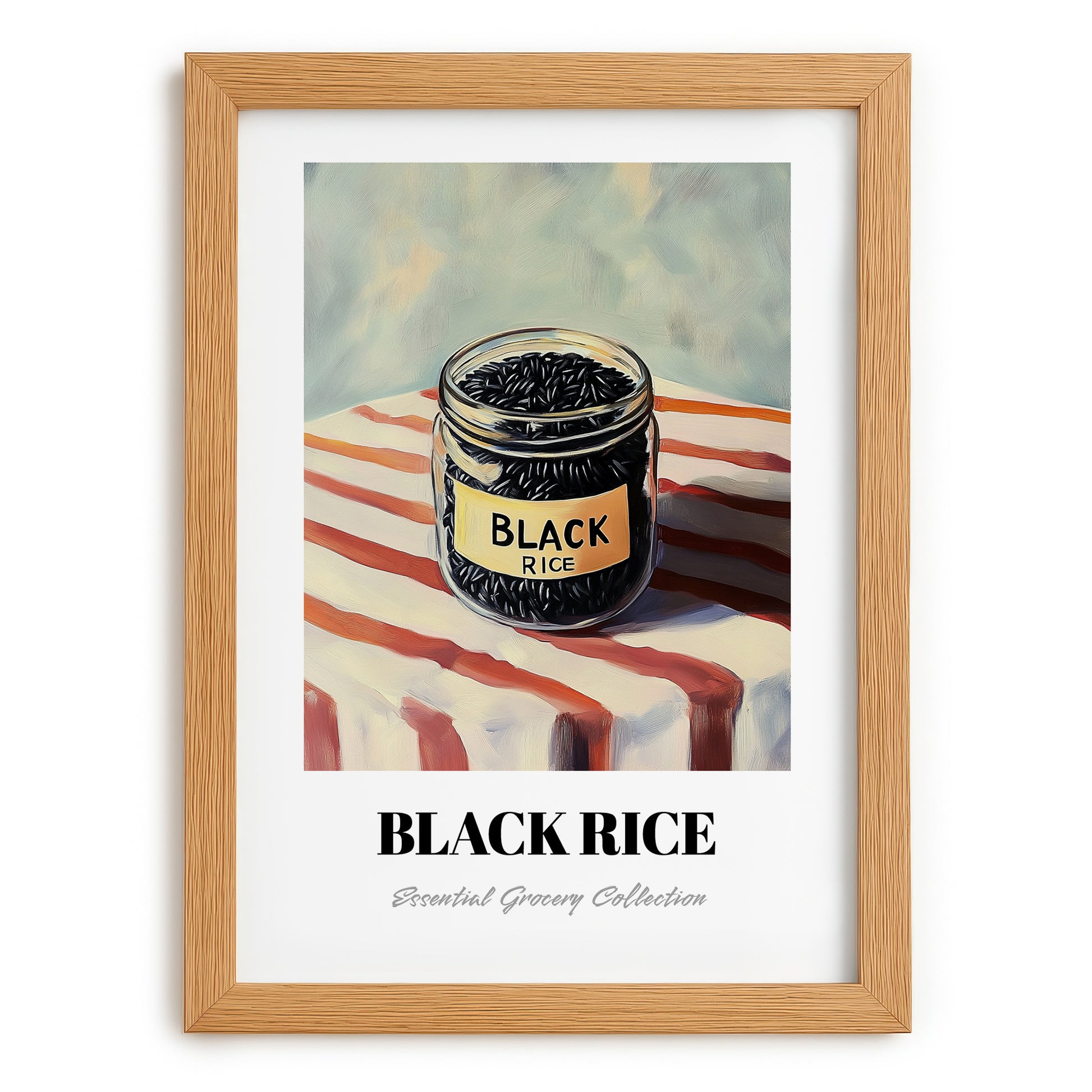 Black Rice – on Striped Tablecloth, Pantry Painting, set in oak frame