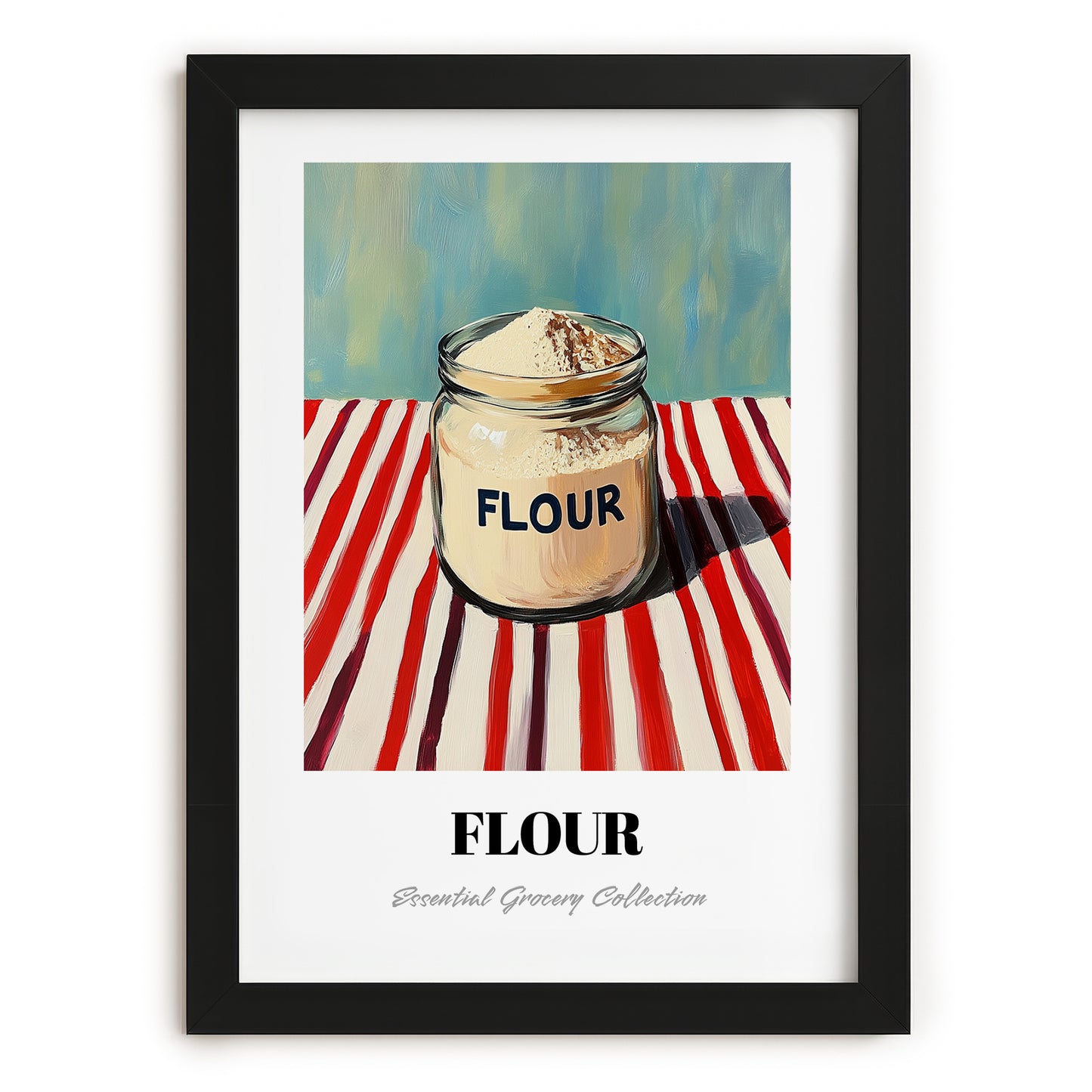 Flour – on Striped Tablecloth, Dough Poster, in sleek black frame
