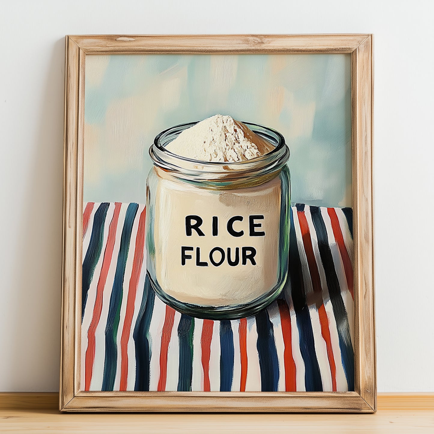 Rice Flour – on Striped Tablecloth, Dough Still Life, no-text version framed in wood