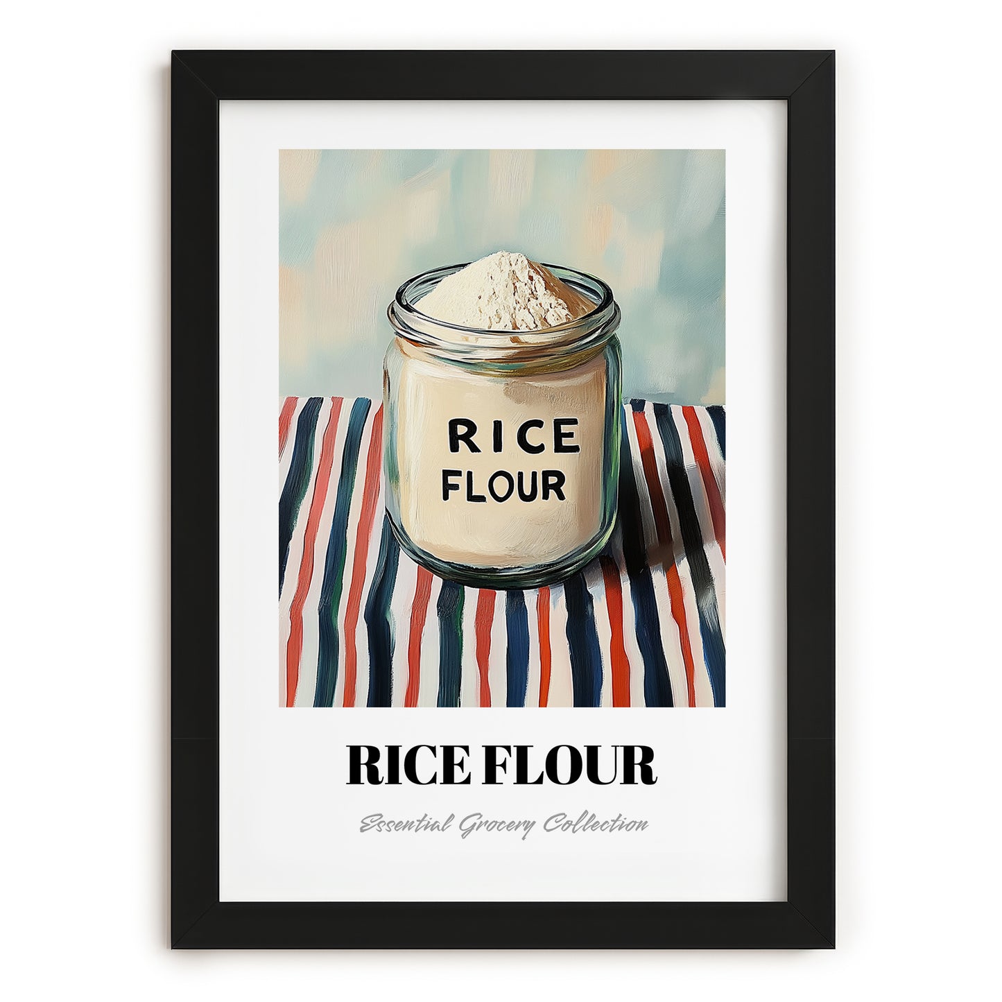 Rice Flour – on Striped Tablecloth, Dough Still Life, in sleek black frame